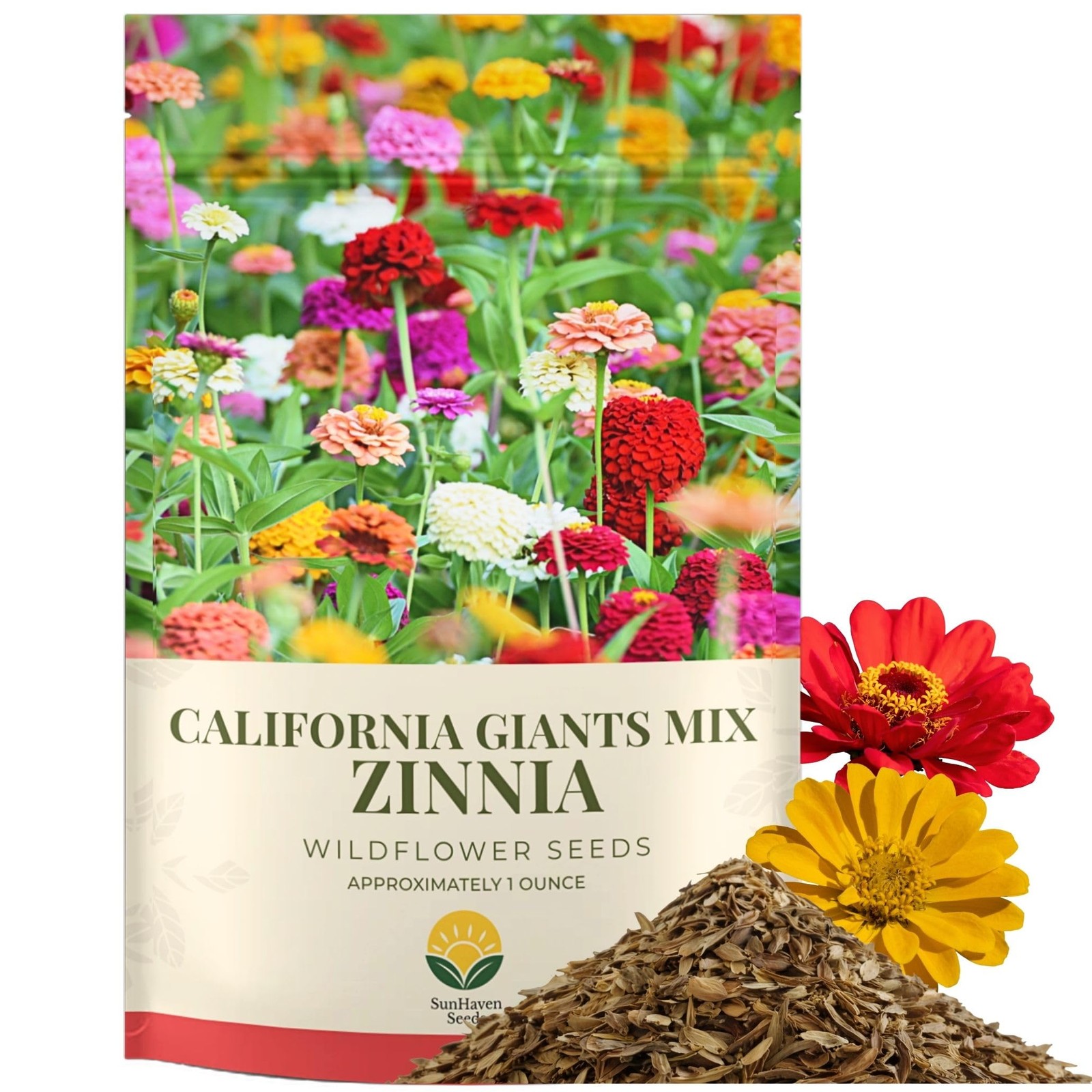 SunHaven Seeds Zinnia 1 Ounce, Red, White, Pink, Yellow, Violet, and Orange