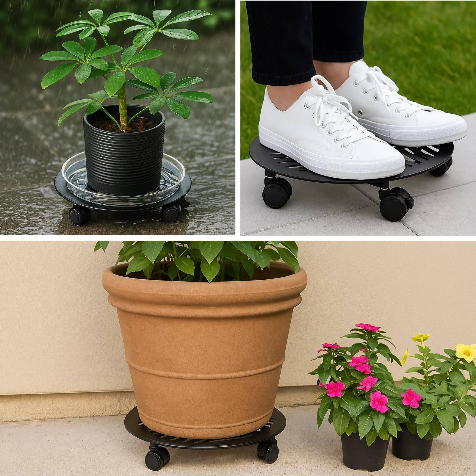 5-Packs 12″ Large Metal Plant Caddy w/ PU Wheels Heavy-Duty Wrought Iron Rolling
