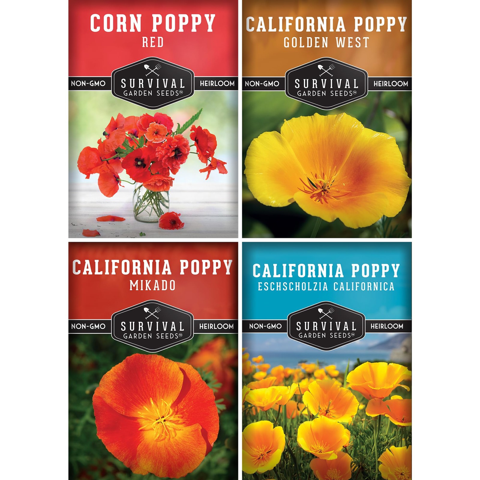 Poppy Seeds 4 Variety Pack Non-GMO Heirloom – Includes Red Corn Poppy