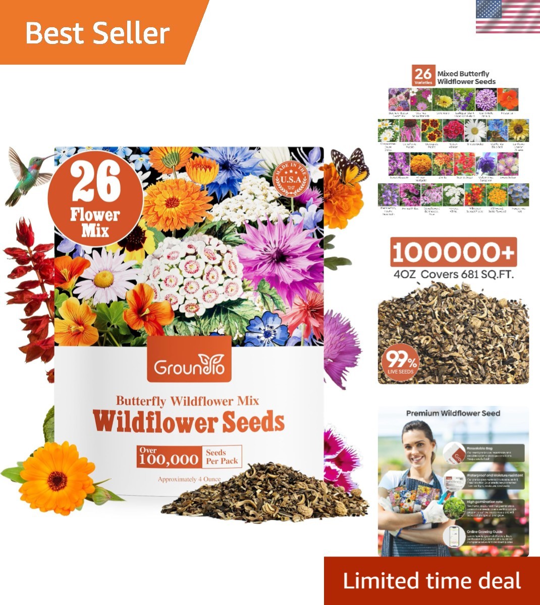 26 Varieties Wildflower Seeds Bulk – 200,000+ High Germination Seeds, 4 Ounce