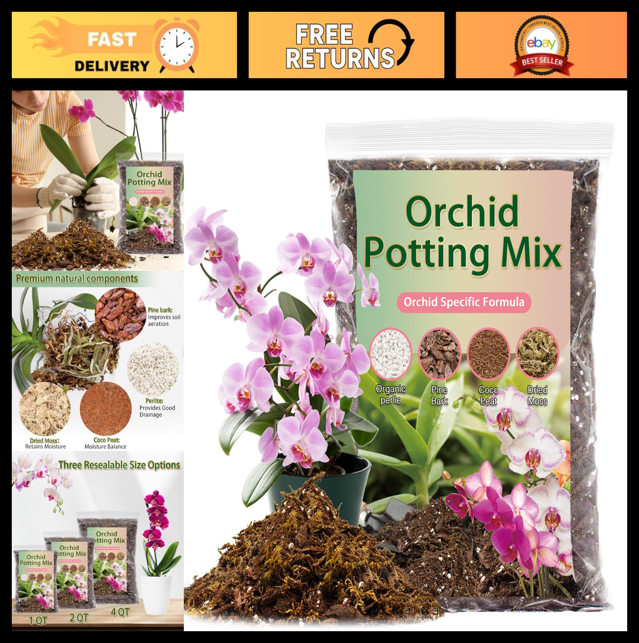 Orchid Potting Mix 4 Quarts – Premium Soil Blend with Pine Bark, Perlite & Coco