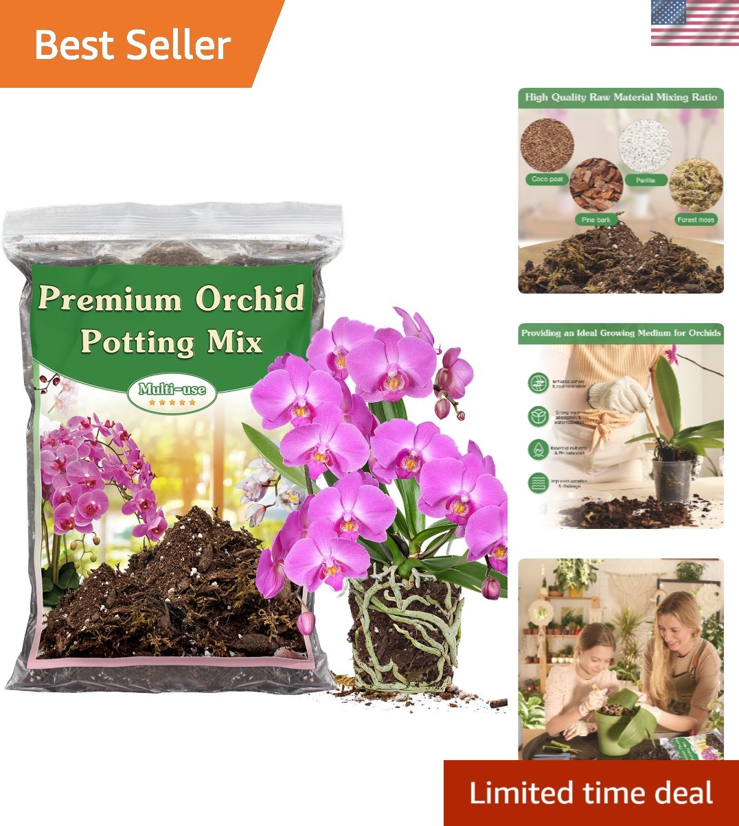 Orchid Potting Mix, 1 Quart, Well-Draining Bark, Moss, Perlite, Coco Peat, Pine