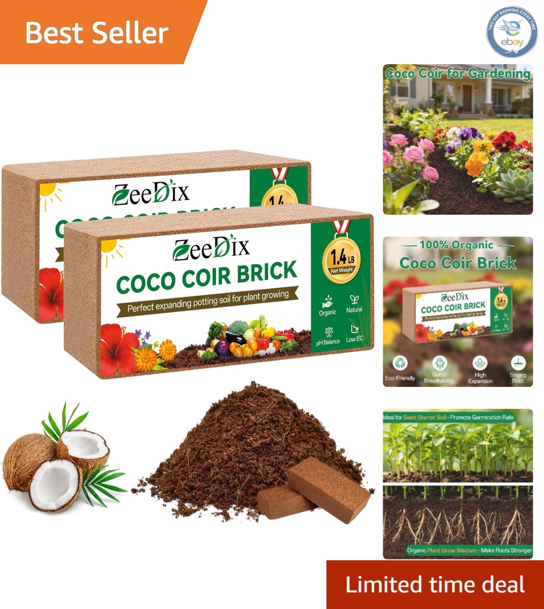 100% Organic Coco Coir Bricks – 15 Quarts Expandable Seed Starter Soil, 2 Pack