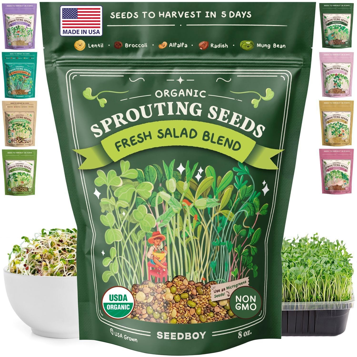 Organic Sprouting Seeds – Salad Blend Variety- Non-GMO, USA Grown Microgreens…