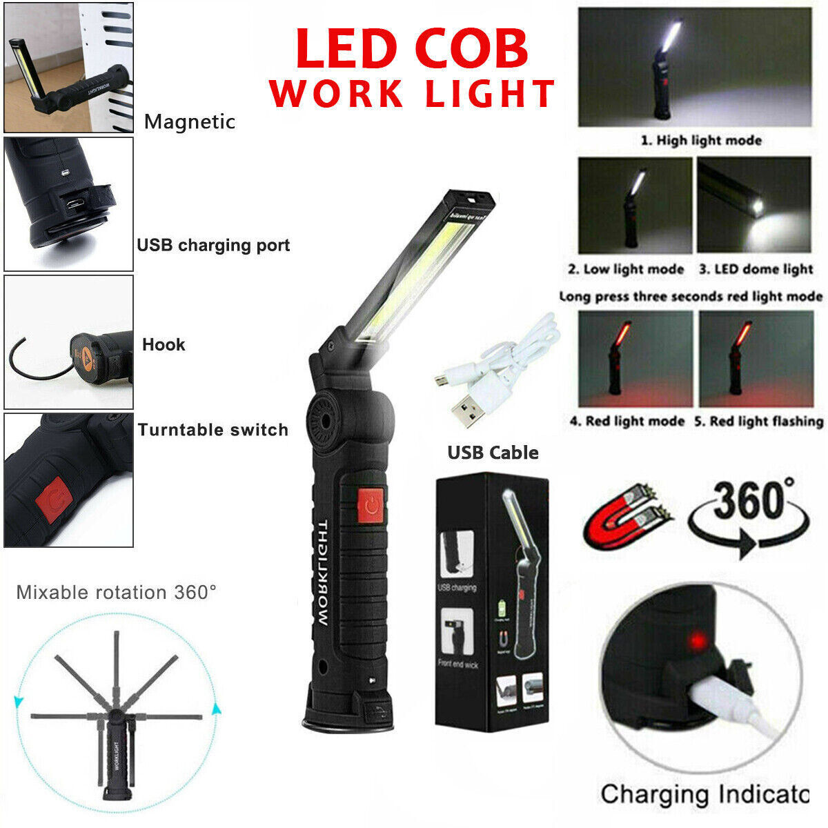 Rechargeable LED COB Work Light Mechanic Flashlight Lamp Magnetic Base Bright