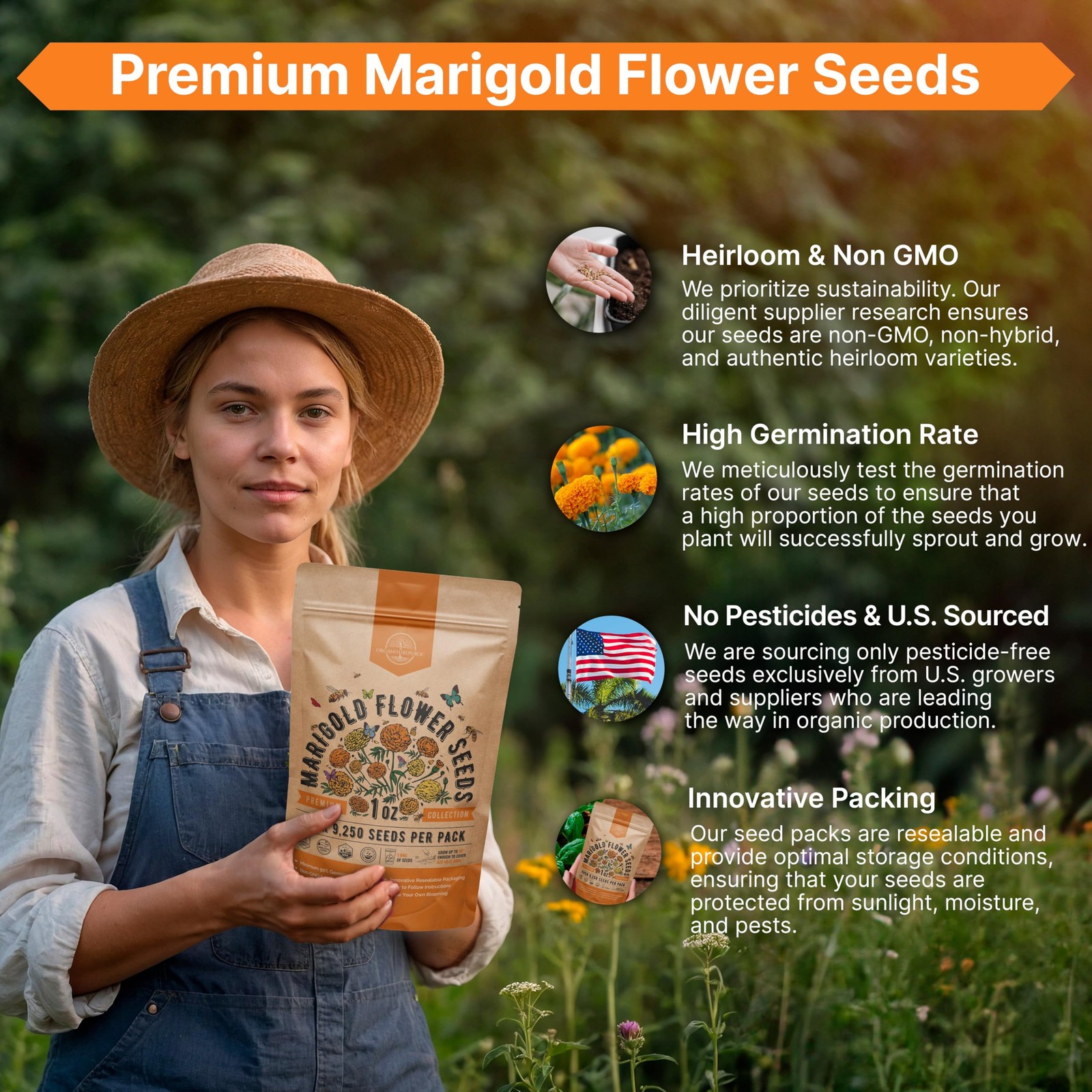 Marigold Seeds Pack 1 oz – Over 1oz, Orange, Yellow, Red, Green