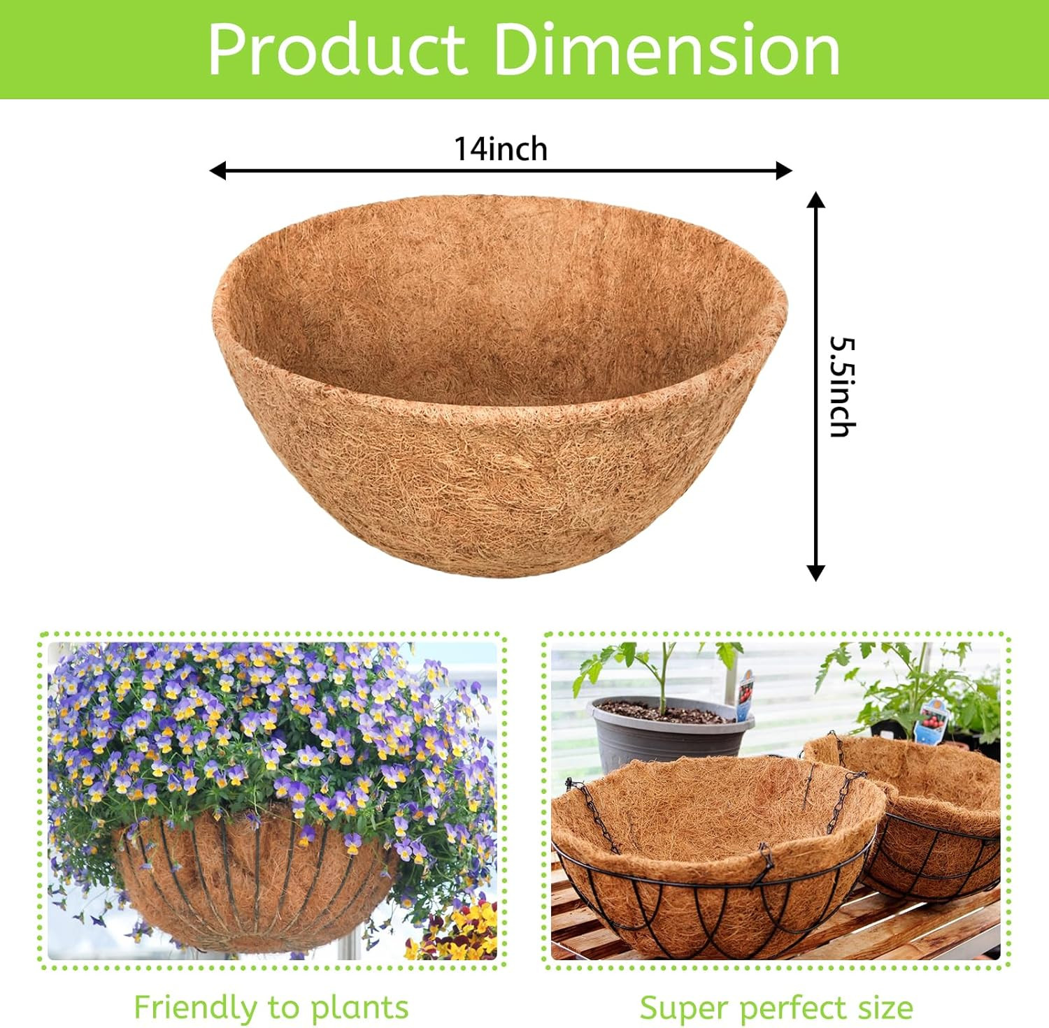 6 Pack 14 Inch round Coco Liners Replacement, 100% Natural Coconut Coir Liners f