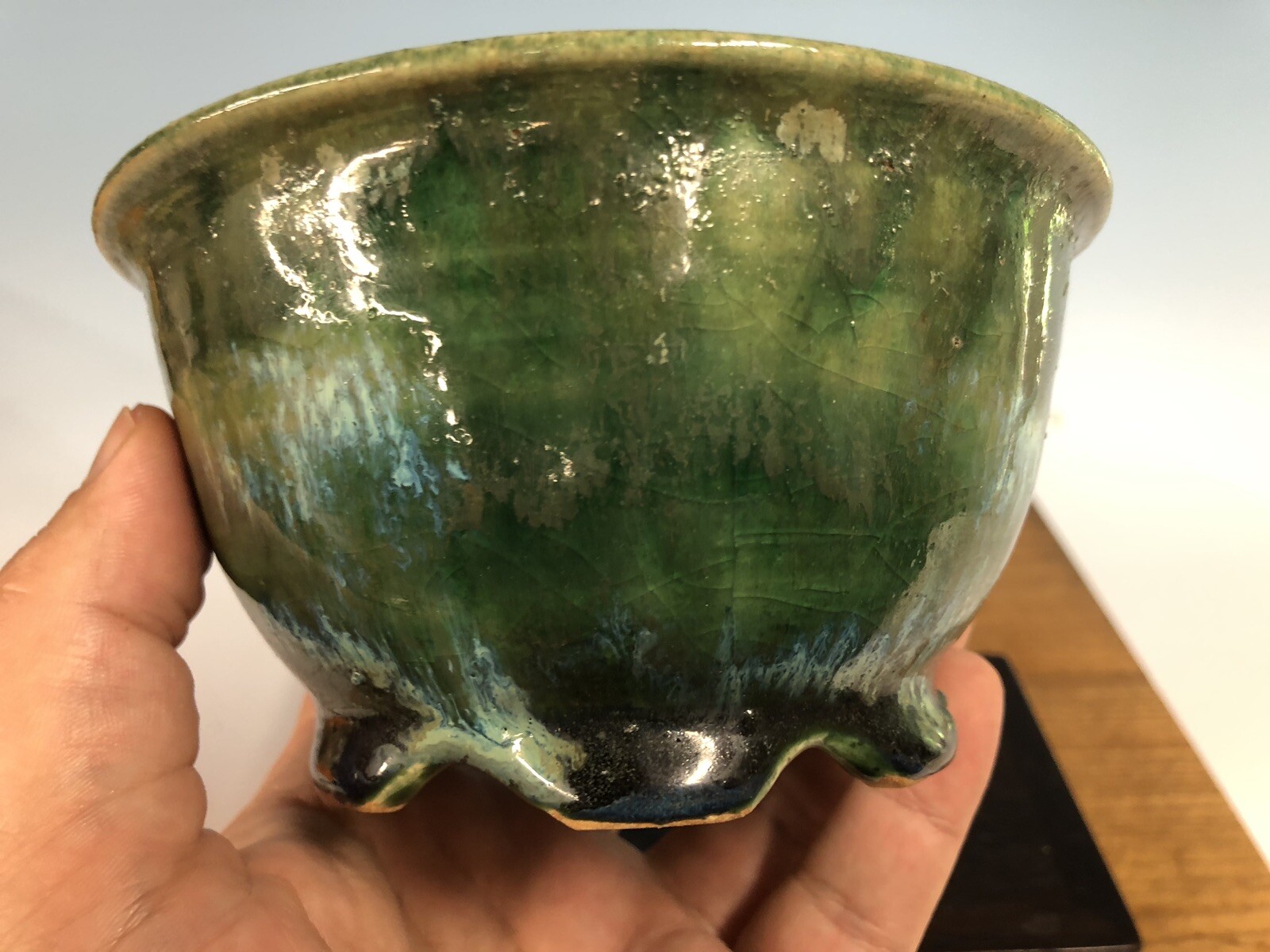 Green Blue Round Glazed Shohin Size Bonsai Tree Pot Fugushige Bushuan 5”