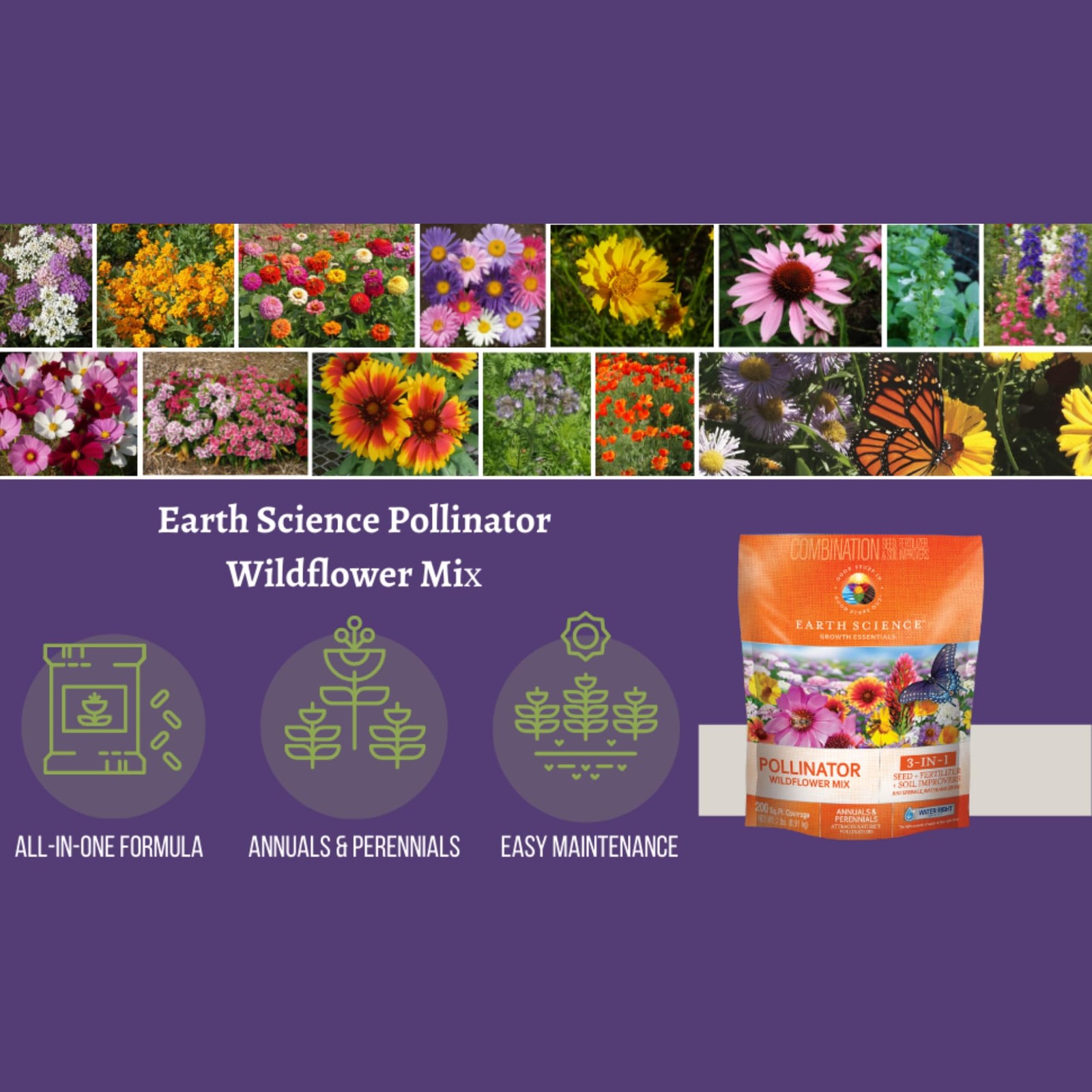 Wildflower Pollinator Mix— 6 lb—3-in-1 Mix with Premium Wildflower Seed, Plan…
