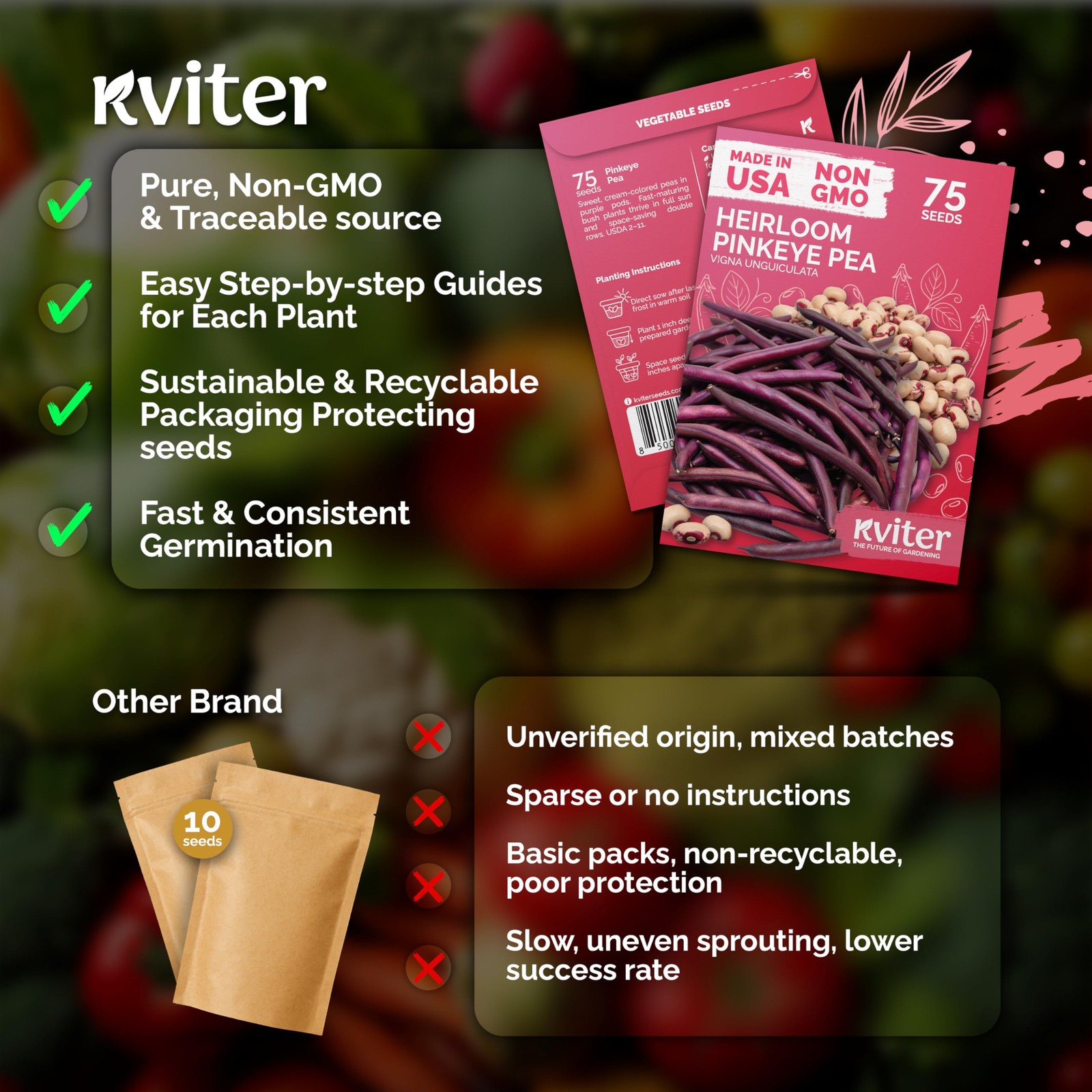 KVITER 75 Top Pick Pinkeye Cow Pea seeds for Planting (Vigna unguiculata)