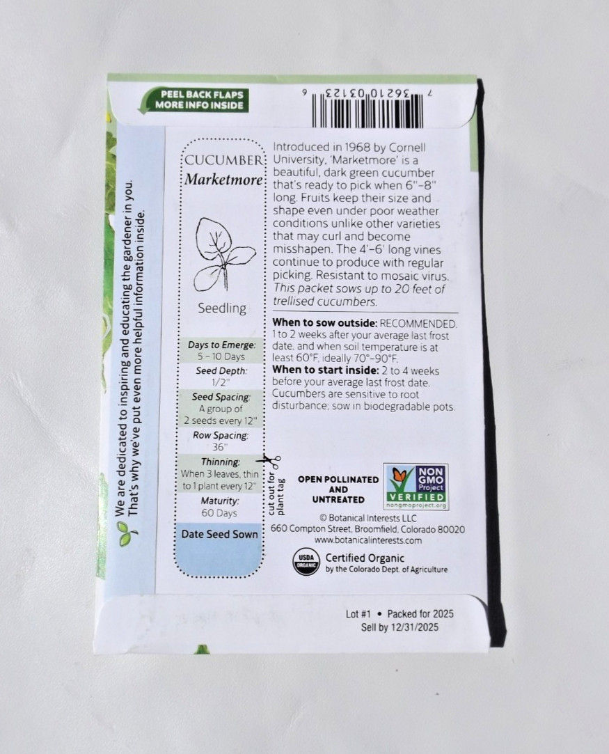 Lot #5 8 Botanical Interests seeds, Organic Banana Pepper, Cucumber