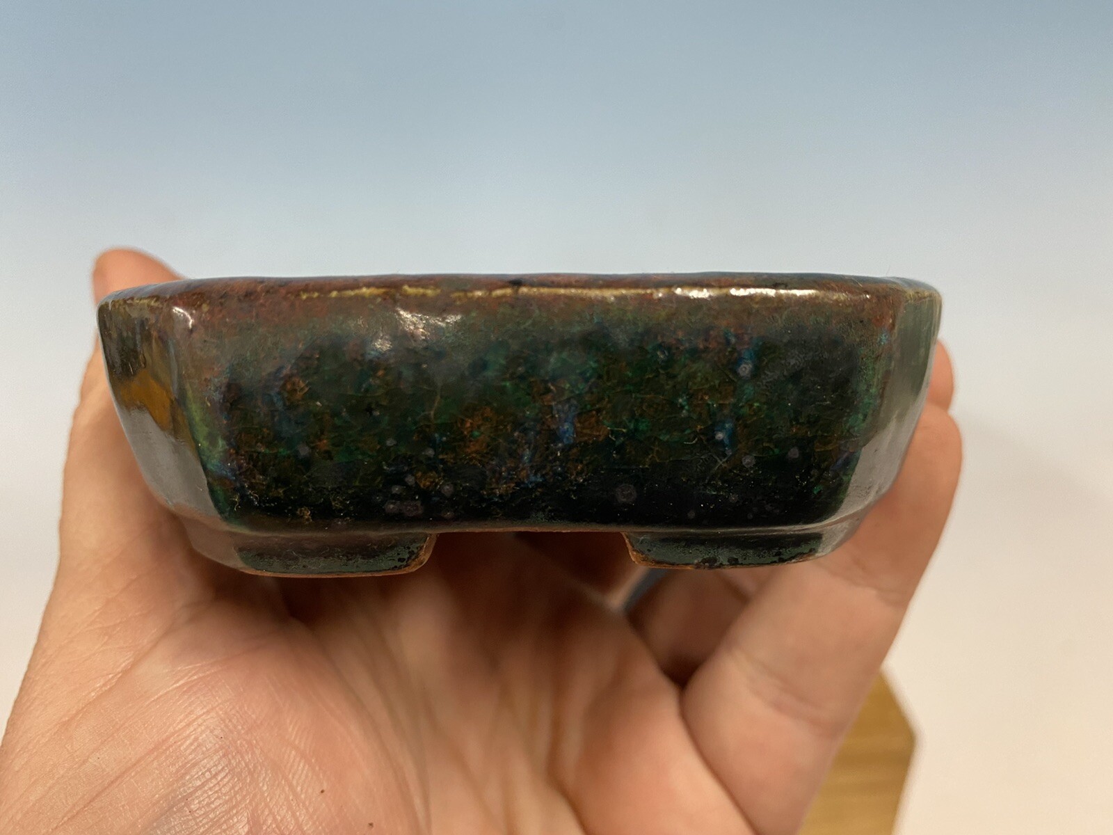 Green And Blue Glazed Shohin Size Tokoname Bonsai Tree Pot Made Koyo 4 3/8”