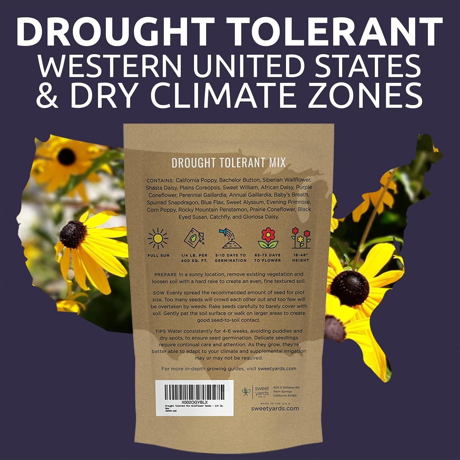 Drought Tolerant Wildflowers Mix – 30,000 Seeds, 1/4 lb Bag, Multi Colors