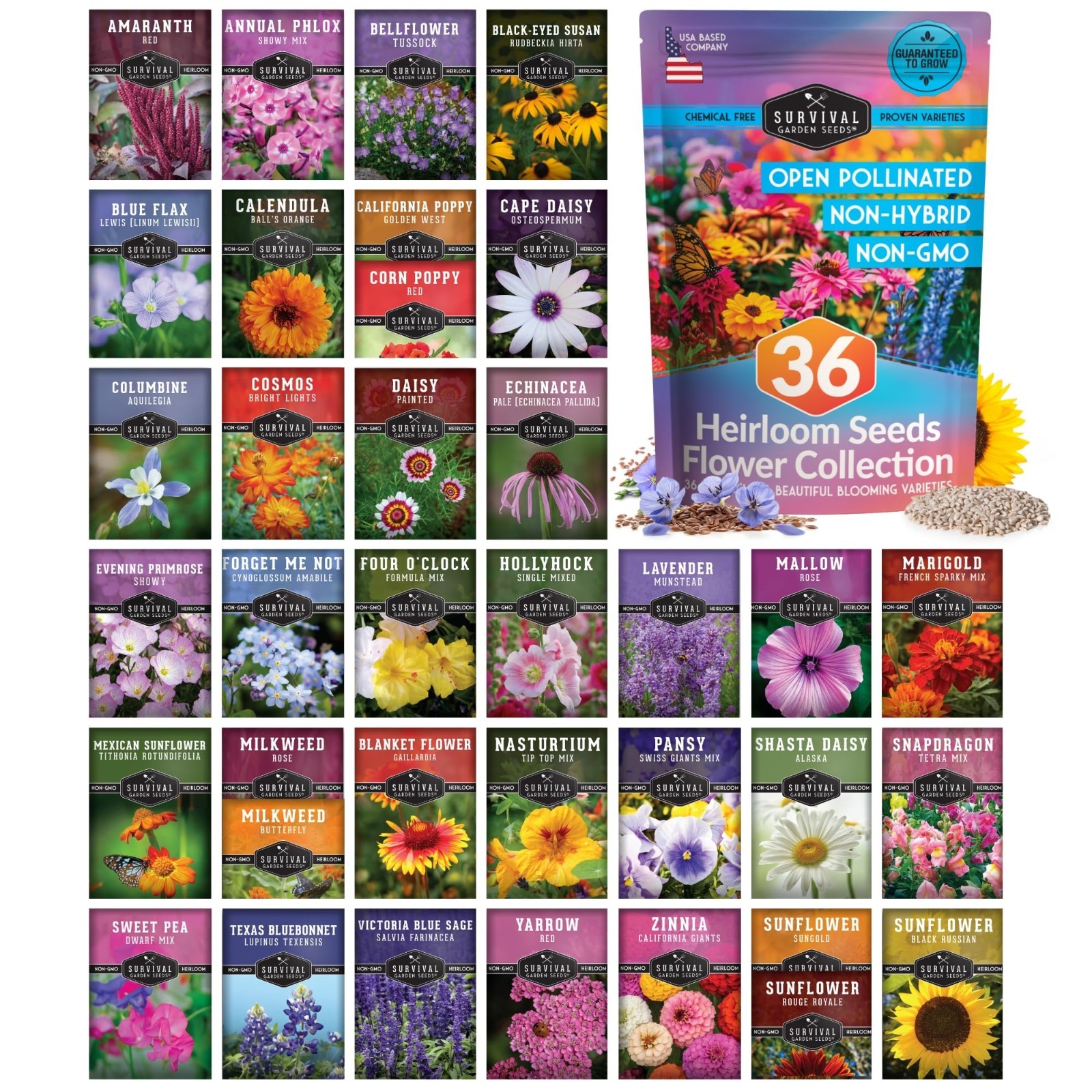36 Flower Seed Packs – Annual & Perennial Garden Kit for Pollinators & Butterfli