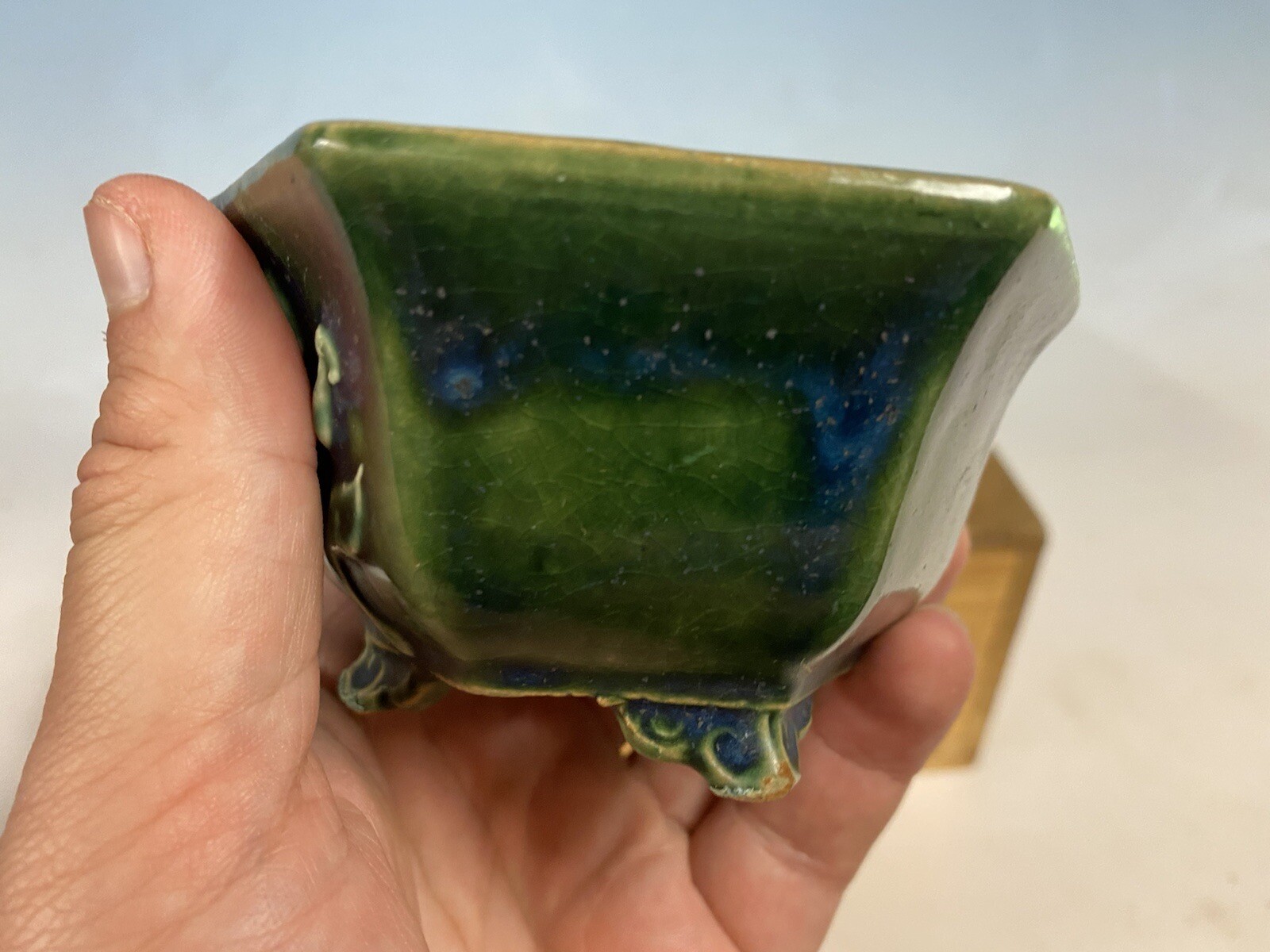 Beautiful Green And Blue Glazed Shohin Size Bonsai Tree Pot Heian Kosen 4 1/2”