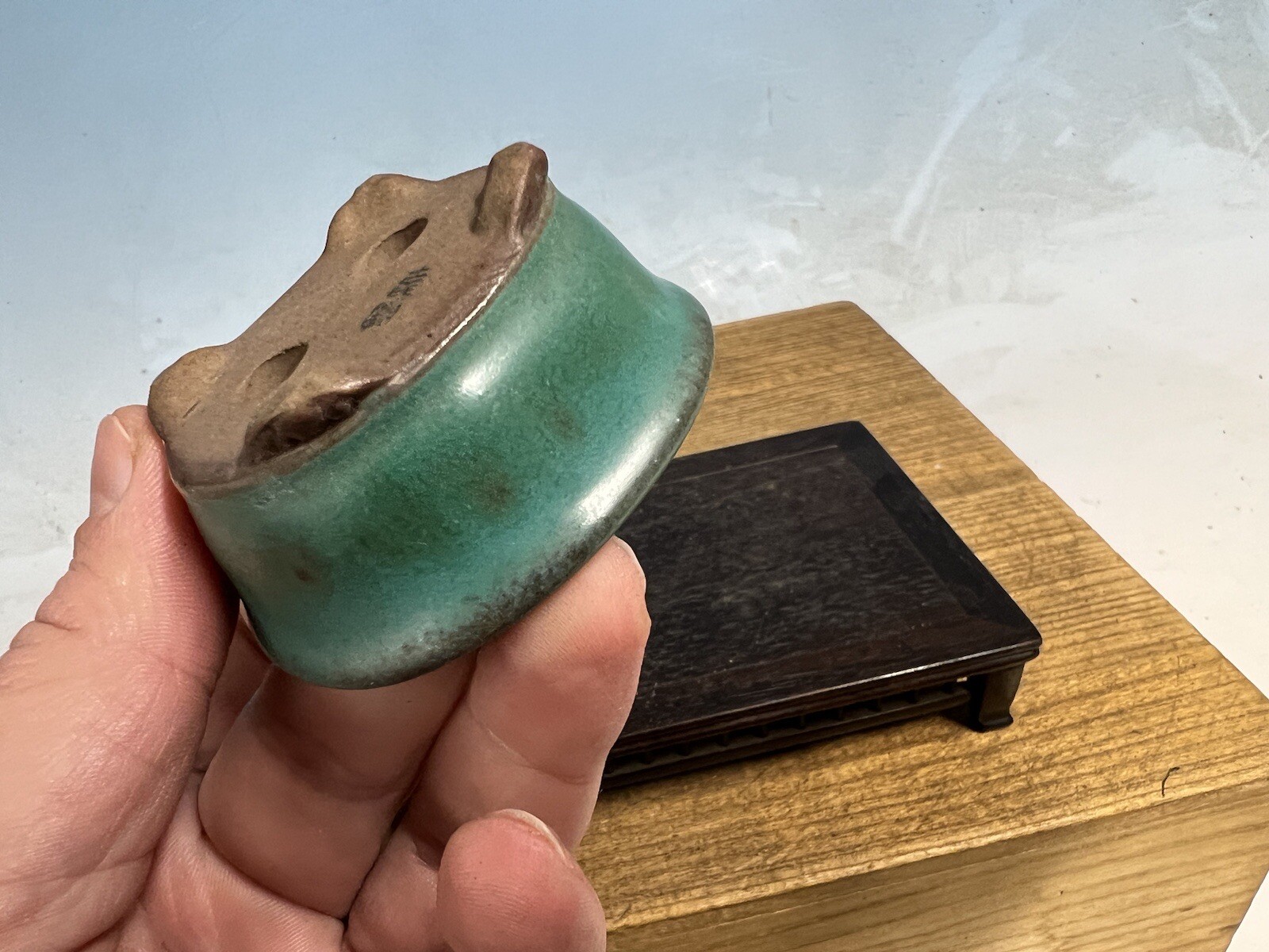 Blue Green Glazed Shohin Sized Bonsai Tree Pot Made By Tosui 2 1/2”