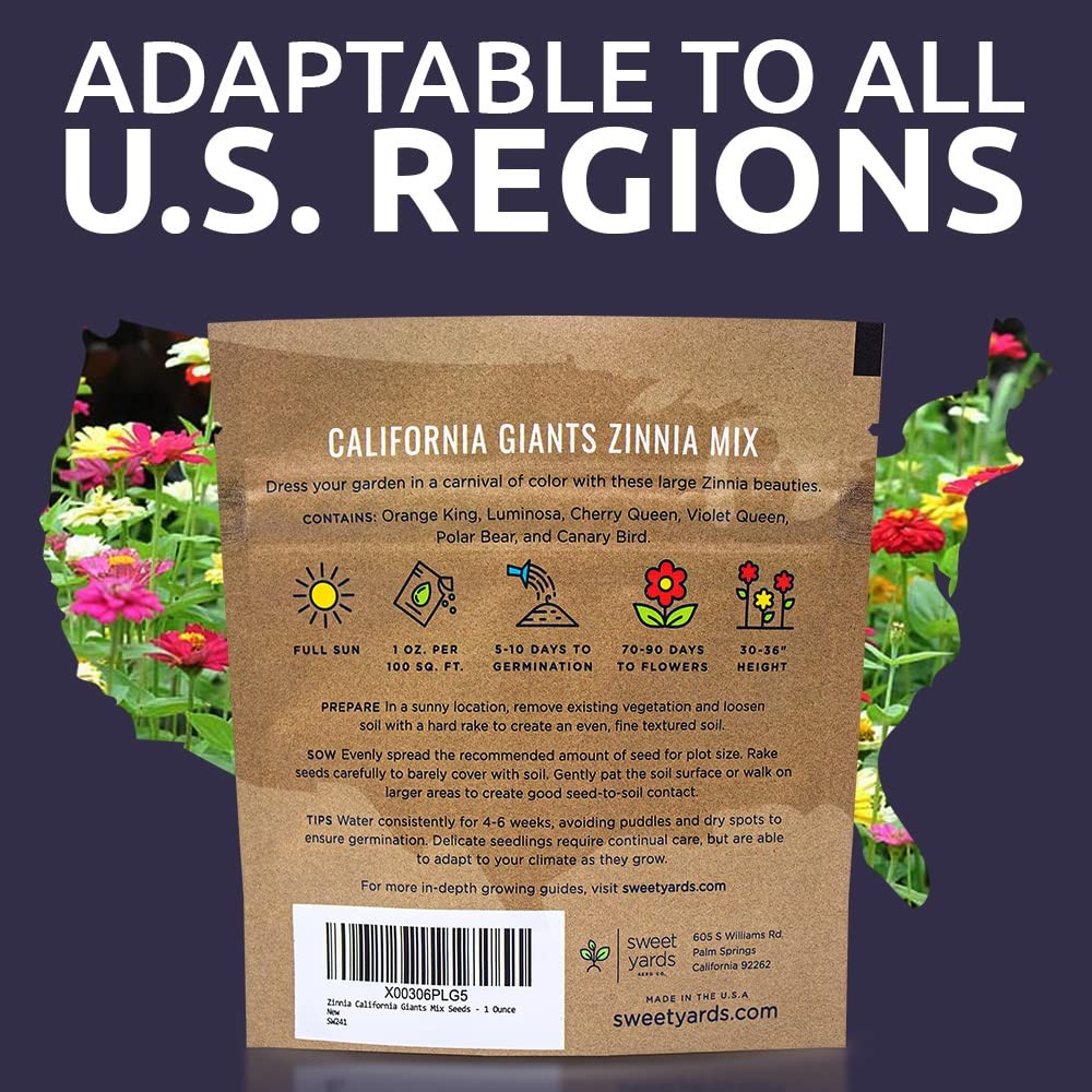 Zinnia Seeds – California Giants Mix – Large 1 1 Ounce Pouch, Multiple Colors