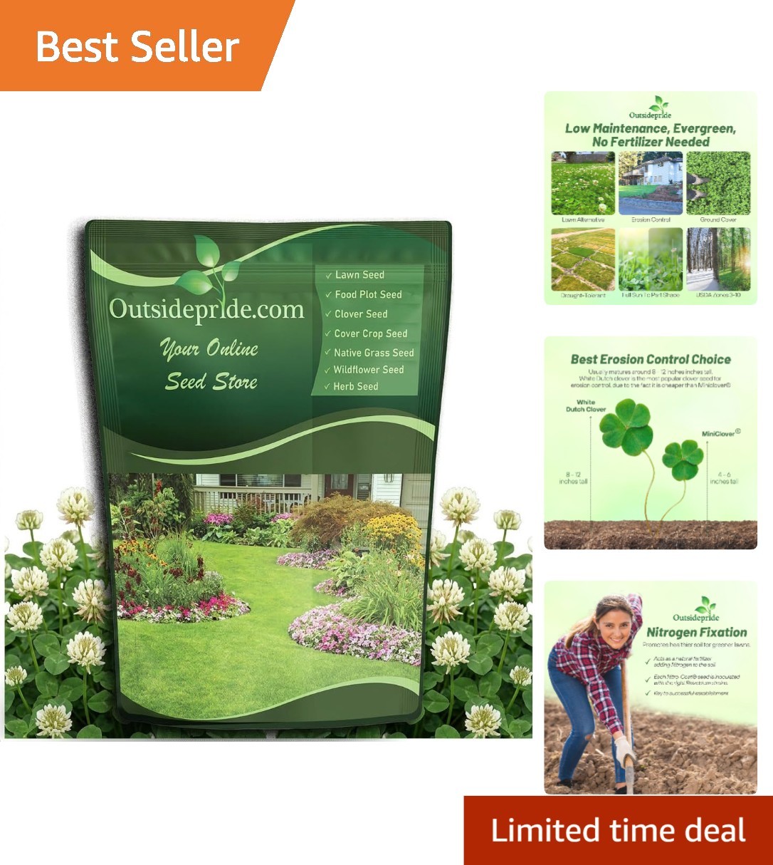 Perennial White Dutch Clover Seeds 2 lbs for Lawn Erosion Control and Food Plots