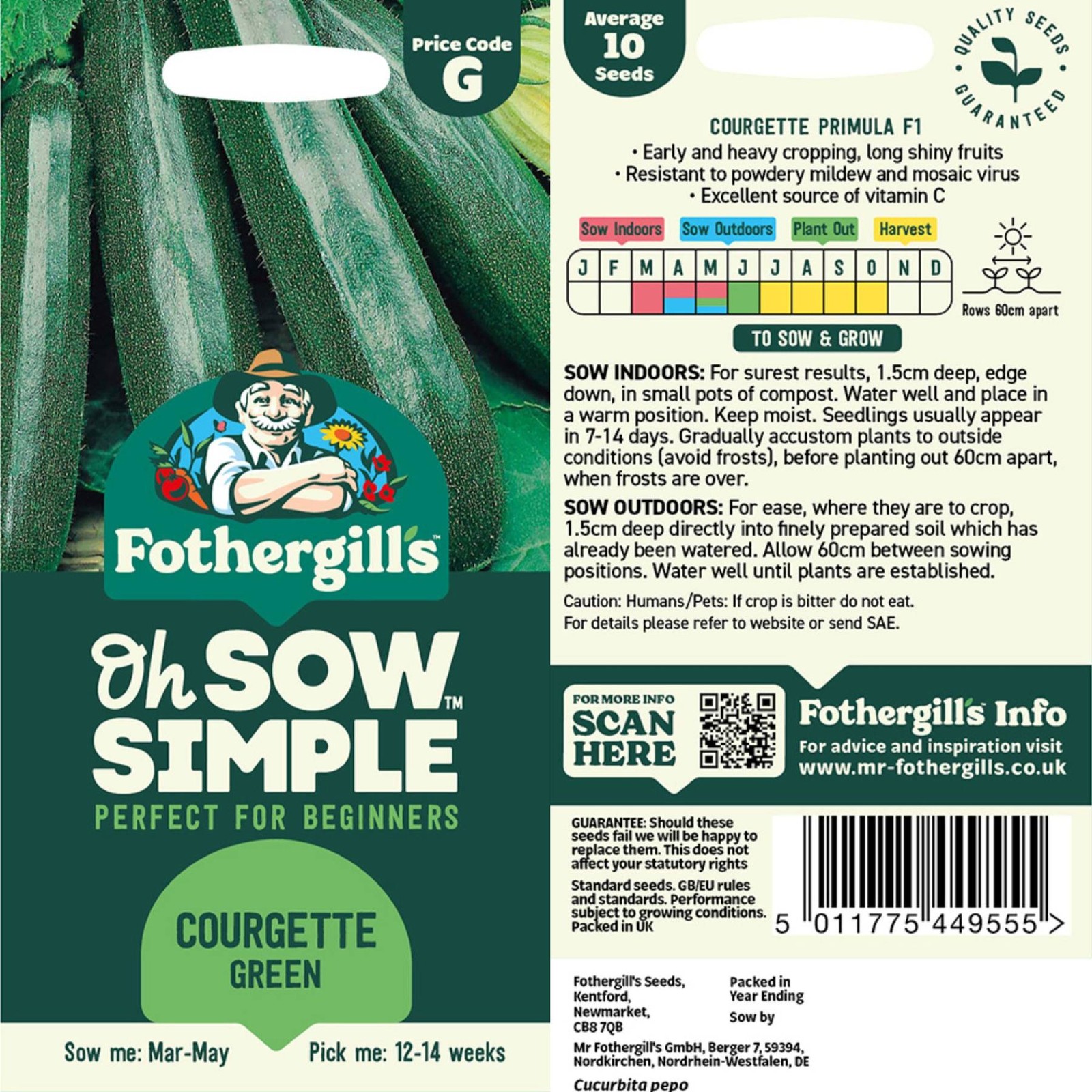 Mr. Fothergill’s Courgette (Zucchini) Green Seed Oh Sow Simple, Easy to Grow