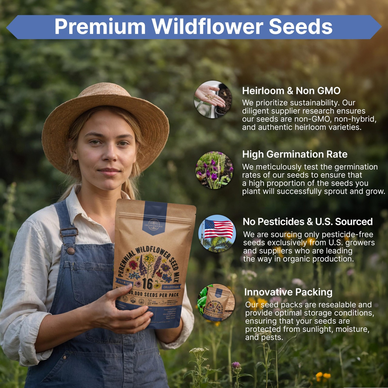 Organo Republic 16 Perennial Wildflower Mix 4 oz, Red, Orange, Purple, Pink