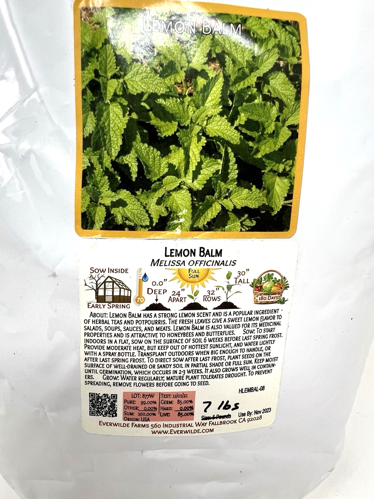 Everwilde Farms Lemon Balm Seeds 7 LB Herb Edible Flower Medicinal Non-GMO