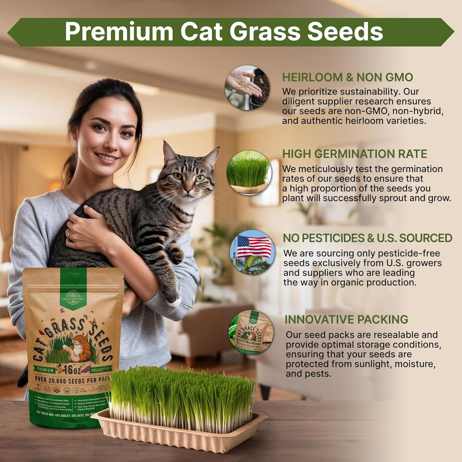 Cat Grass Seeds Mix 16oz – 20,800 Non-GMO Barley, Oat, Rye & Wheat Seeds for Pet