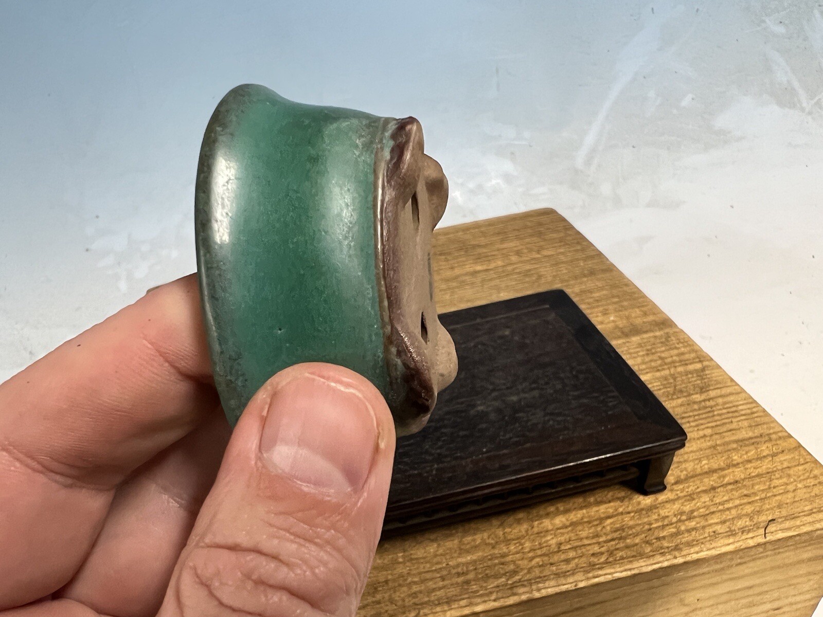 Blue Green Glazed Shohin Sized Bonsai Tree Pot Made By Tosui 2 1/2”