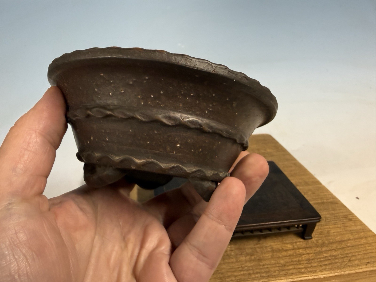 Japanese Unknown Maker Shohin Bonsai Tree Pot 5 1/16 By 2 1/4” Unglazed Oval