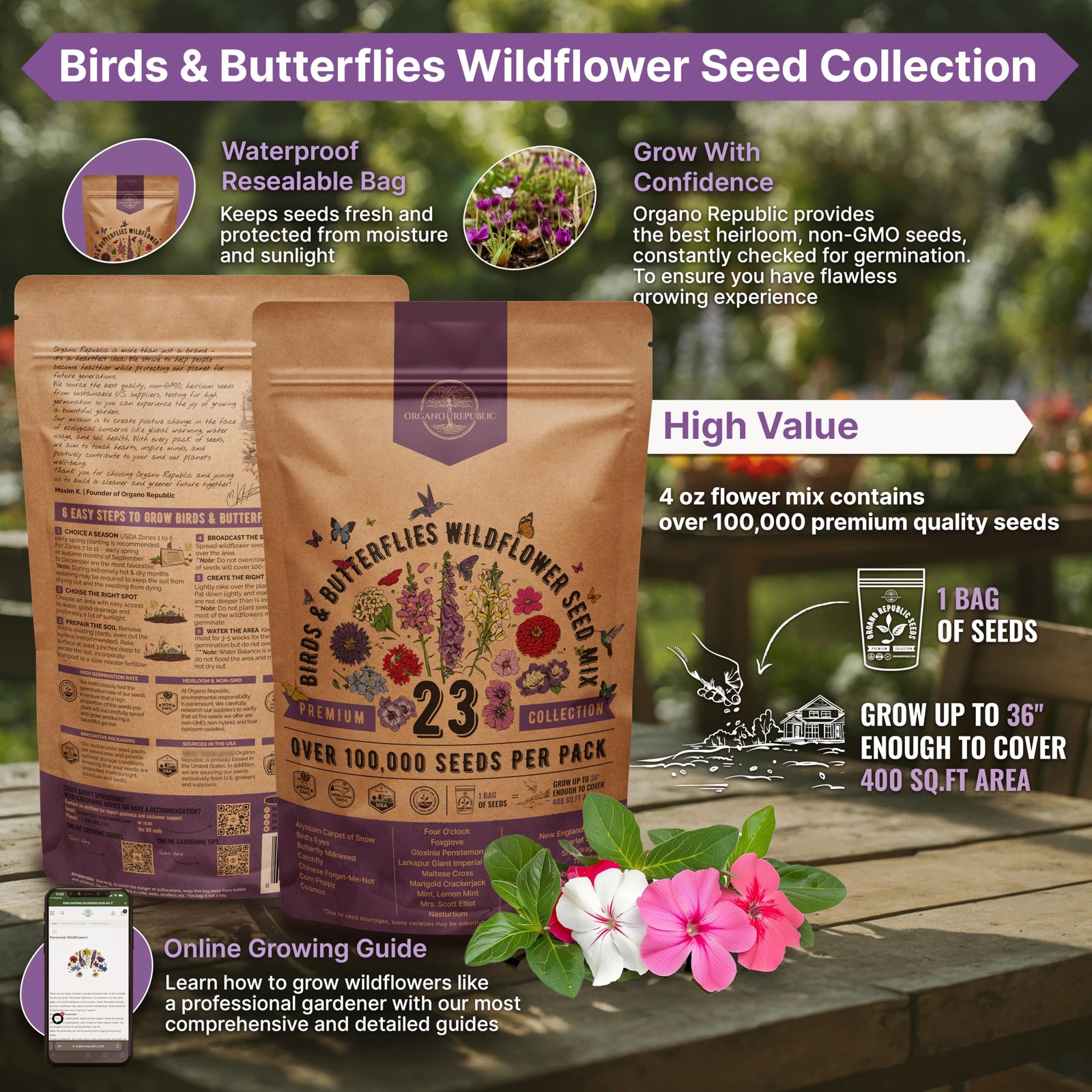 Organo Republic 23 23 Annual & Perennial Mix, Red, Orange, Purple, Pink