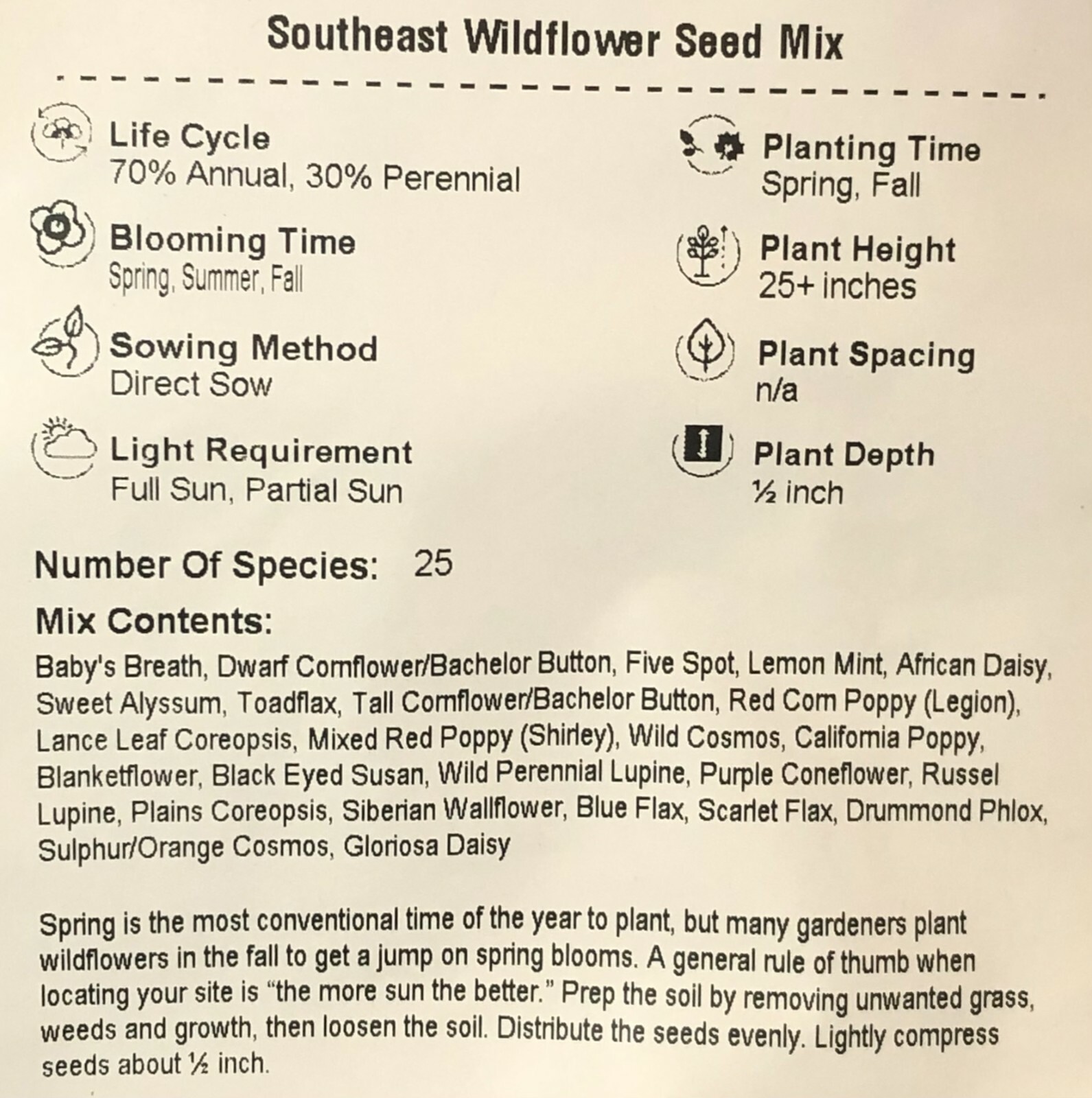 SOUTHEAST Wildflower Mix 25 Species Flower Gardening USA Non-GMO 500+ Seeds!