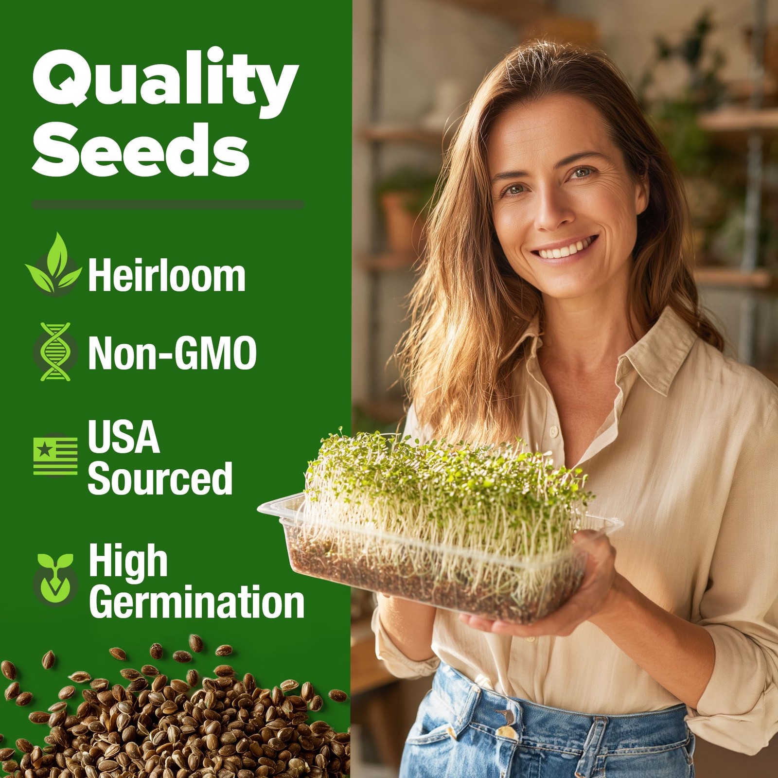 HOME GROWN Alfalfa Sprout Seeds 8 oz Bulk Heirloom Non-GMO, USA 1-Pack, Green