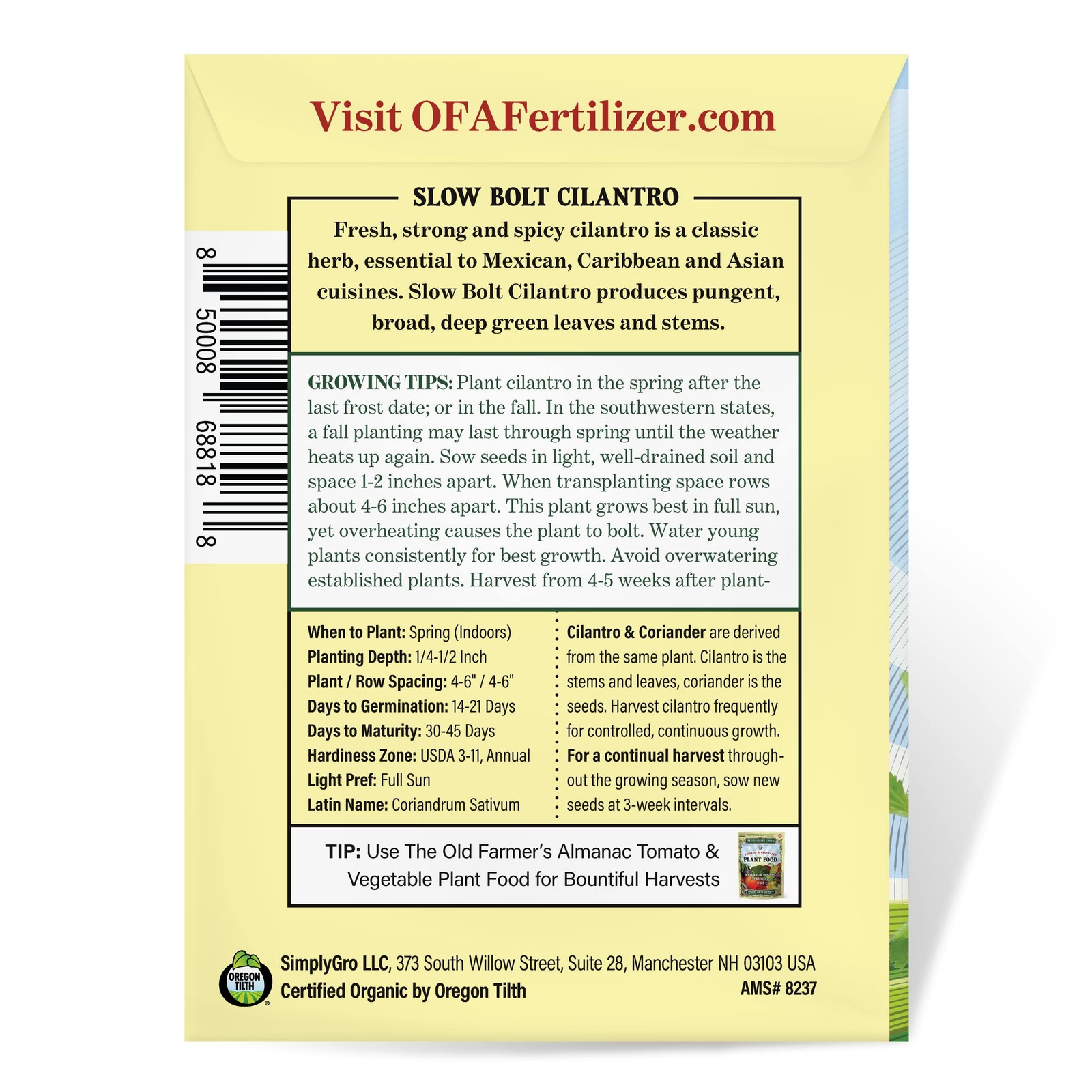 The Old Farmer’s Almanac Heirloom Organic Cilantro Seeds (Slow Bolt) – Green