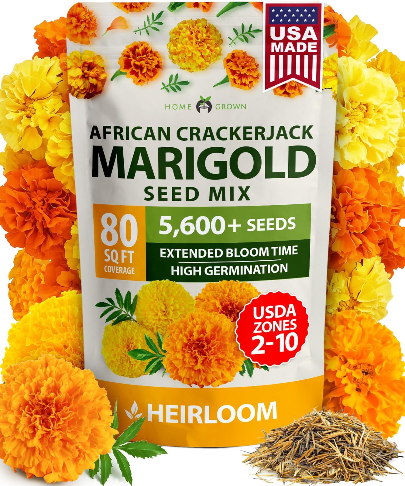 HOME GROWN Marigold Seeds Bulk Mix – 5600+ Crackerjack 1-Pack, Green