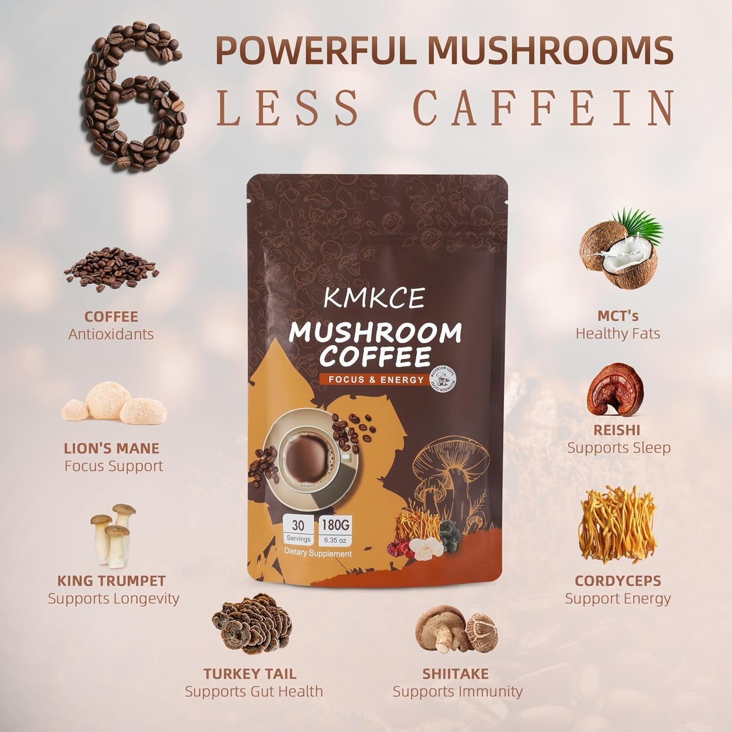 Mushroom Coffee, 6 Organic Mushrooms with Lion’s Mane, Reishi, Cordyceps, Shitak