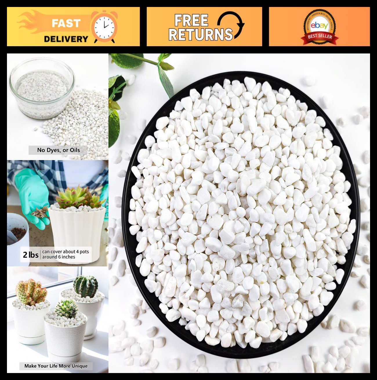 2LB White Polished Gravel Pebbles for Succulents, Cacti, Vases & Aquariums