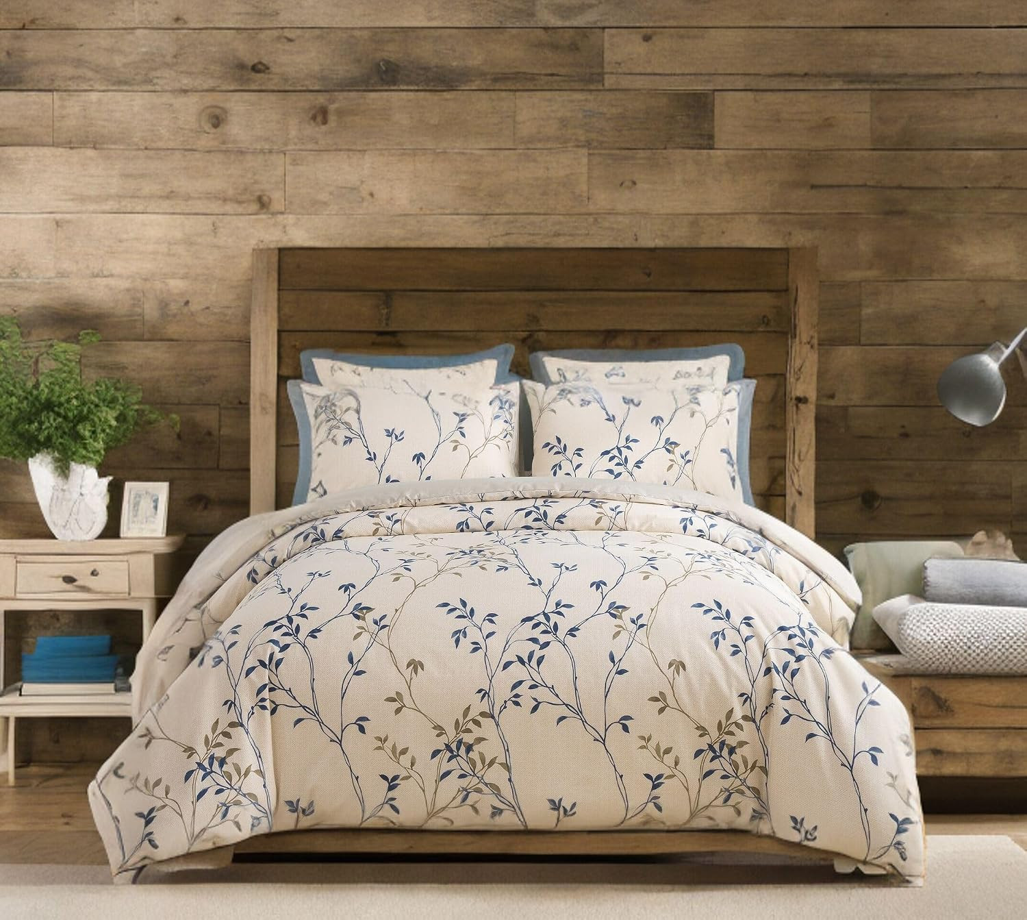 Elegant Leaf Vine Duvet Cover – Cream Beige Tan Blue – Queen Size Cotton