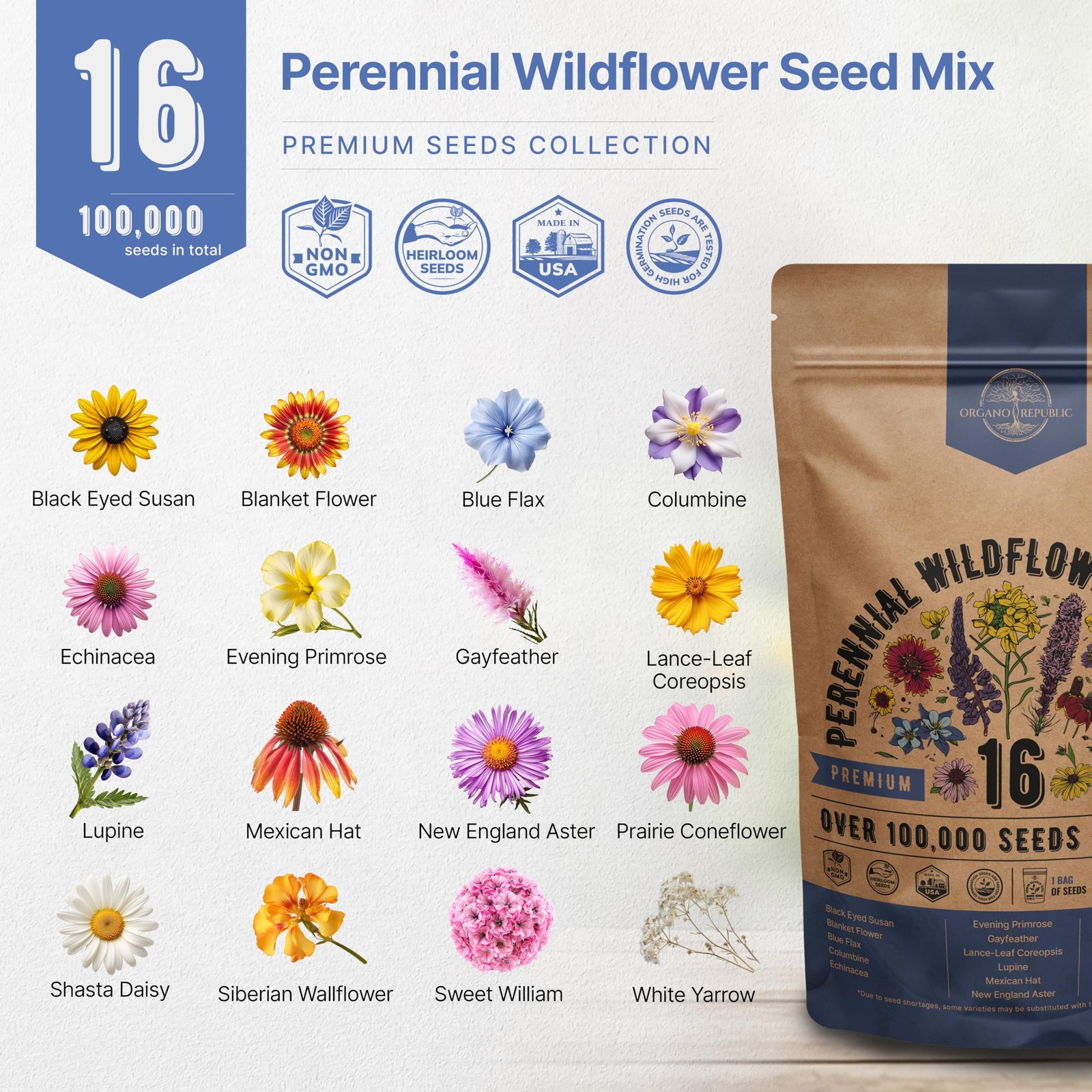 Organo Republic 16 Perennial Wildflower Mix 4 oz, Red, Orange, Purple, Pink
