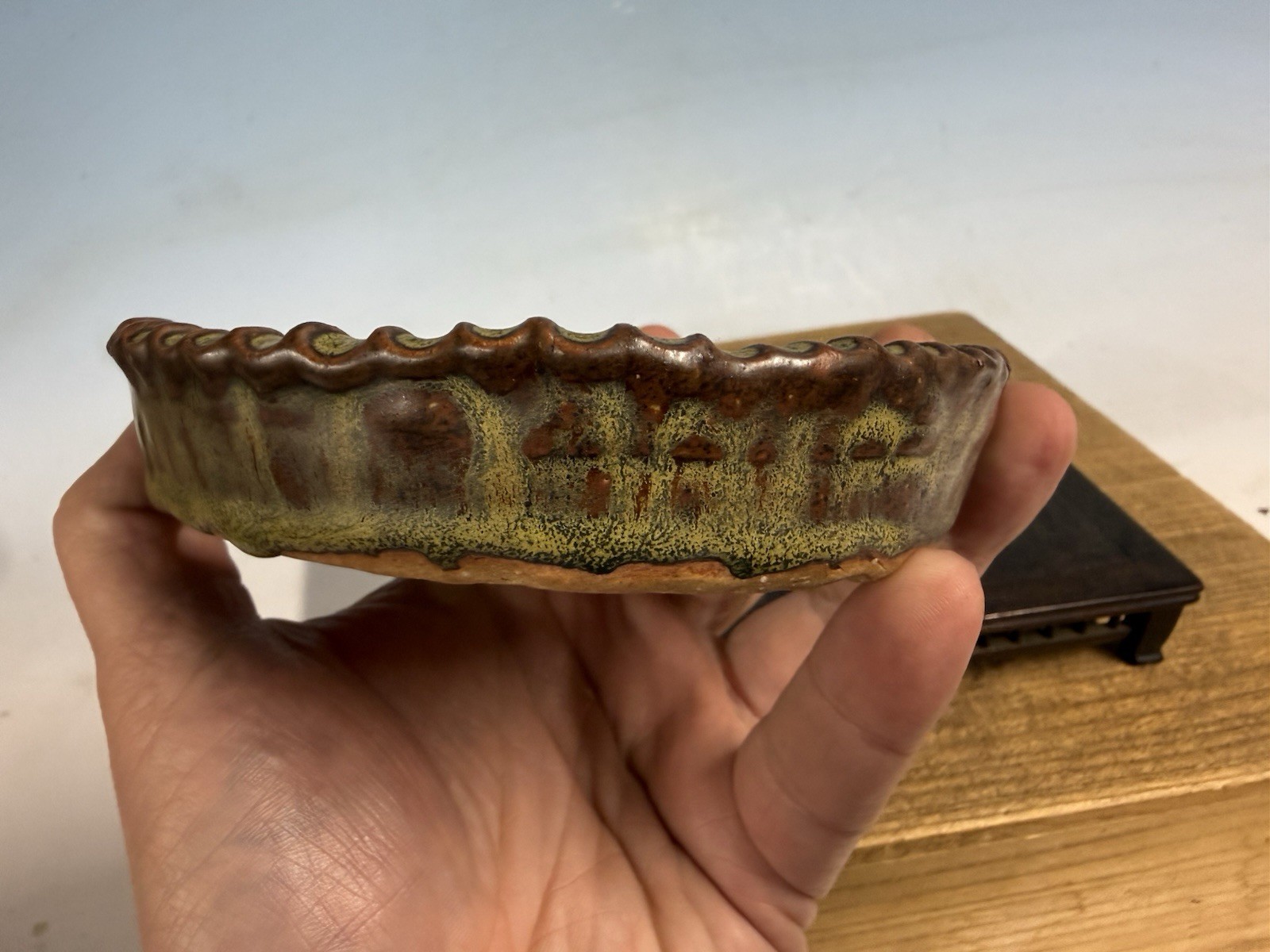 Japanese Unknown Maker Shohin Bonsai Tree Pot 5 1/4 By 1 1/8” Unique Glazed!