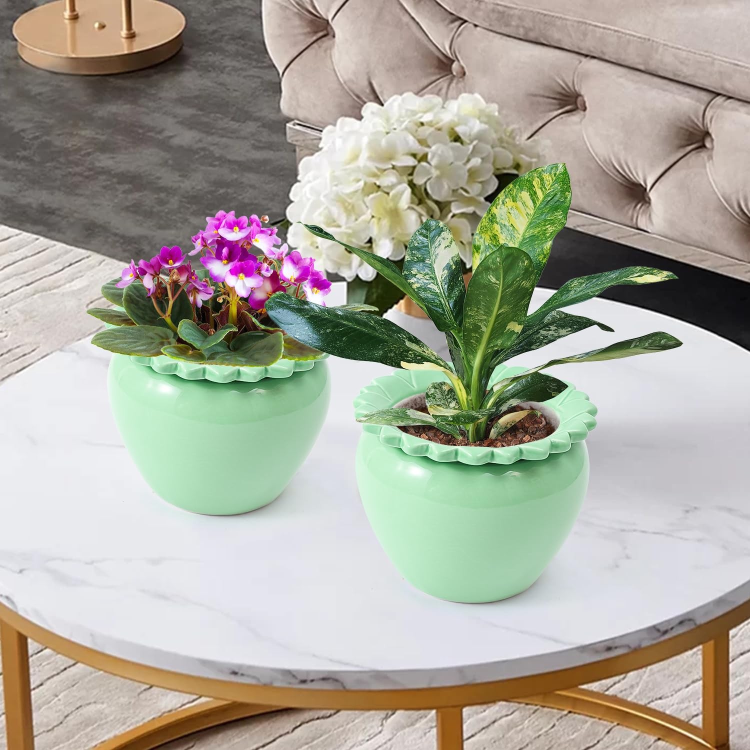 2pcs African Violet Planter Pot 6.5in Self Watering Green Ceramic Reservoir