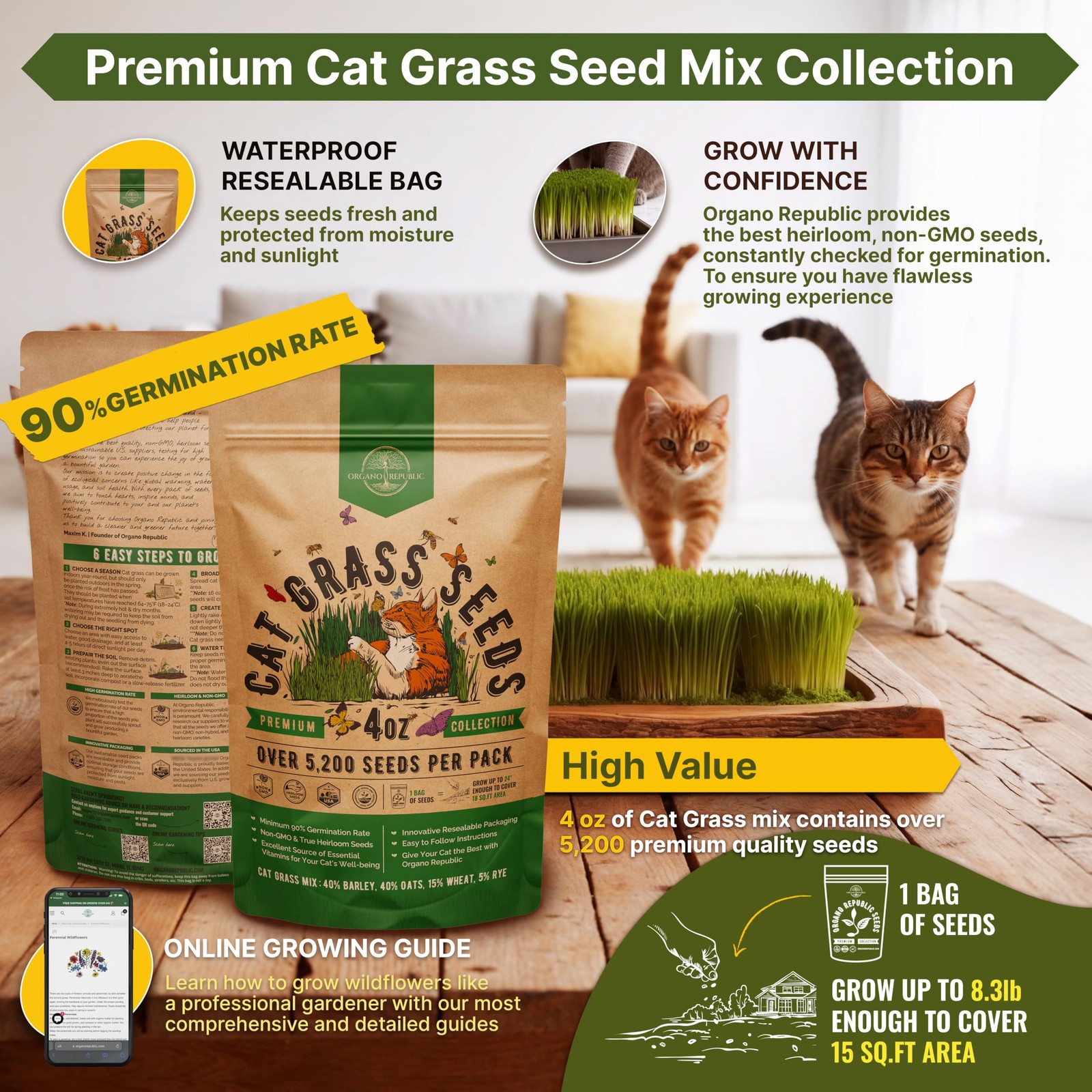 Cat Grass Seeds Mix 5,200 NonGMO Heirloom Seeds for Cats & Pets, 4 oz Pack f…