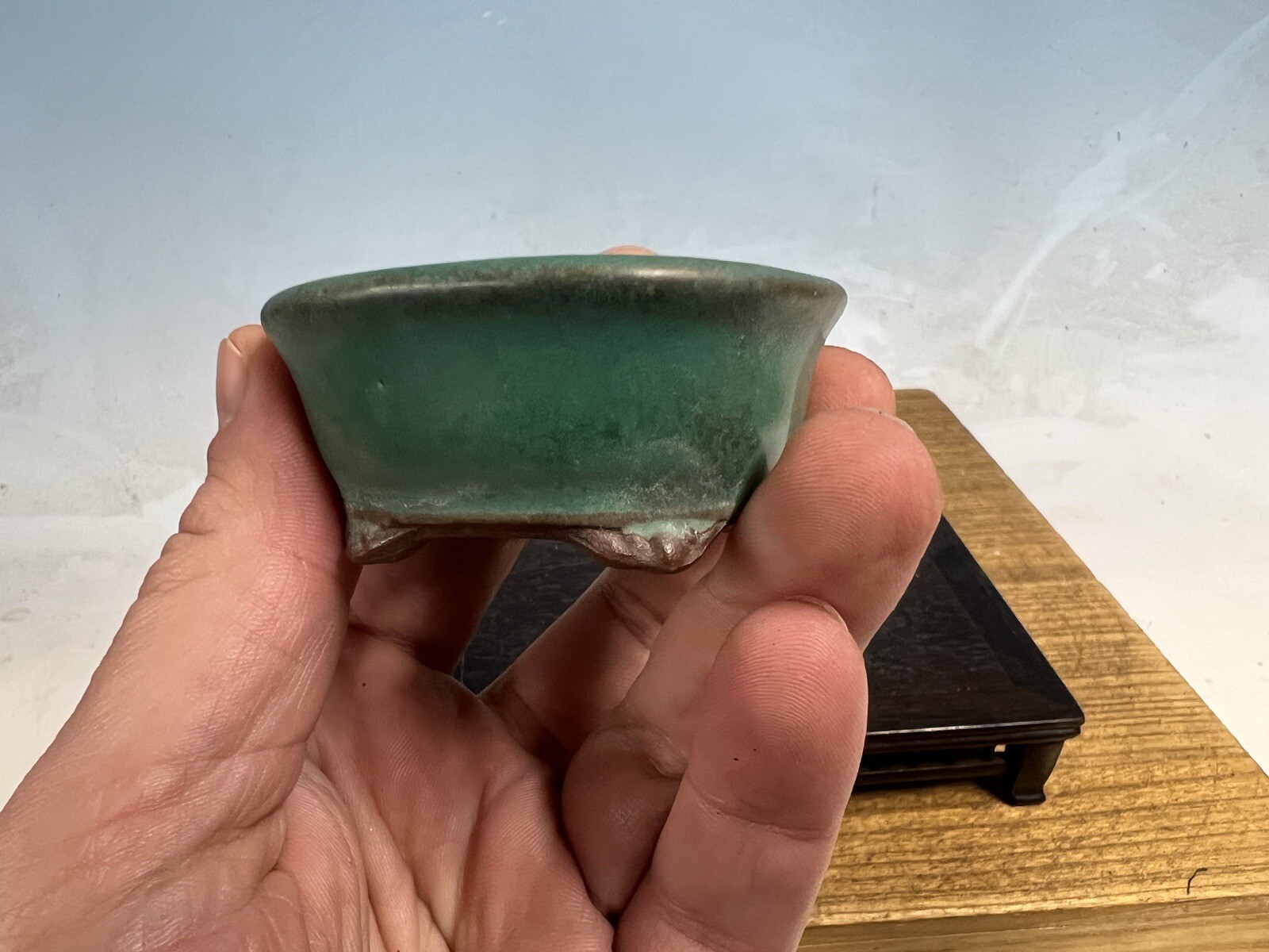 Blue Green Glazed Shohin Sized Bonsai Tree Pot Made By Tosui 2 1/2”
