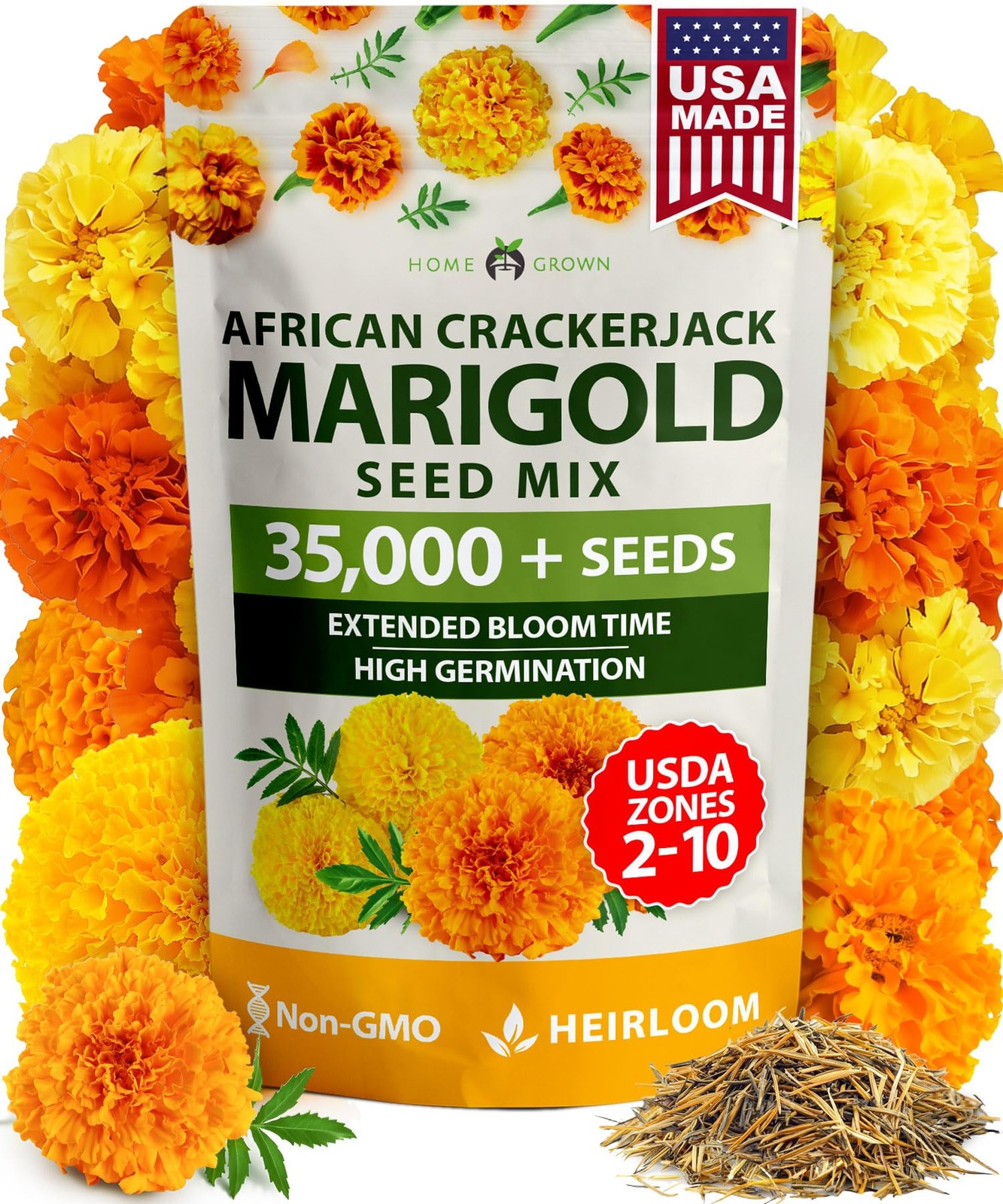 HOME GROWN Crackerjack Marigold Seeds | 4 oz / 35,000 Flower 1-Pack, Orange