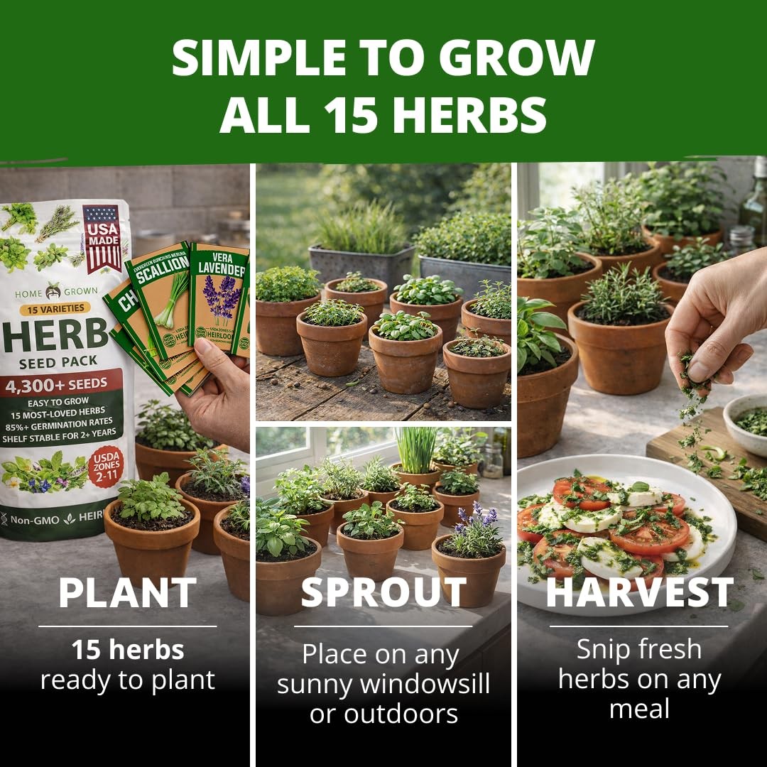 HOME GROWN Herb Seeds for Planting 15-Pack Massive Seed Count 4,300+ Seeds