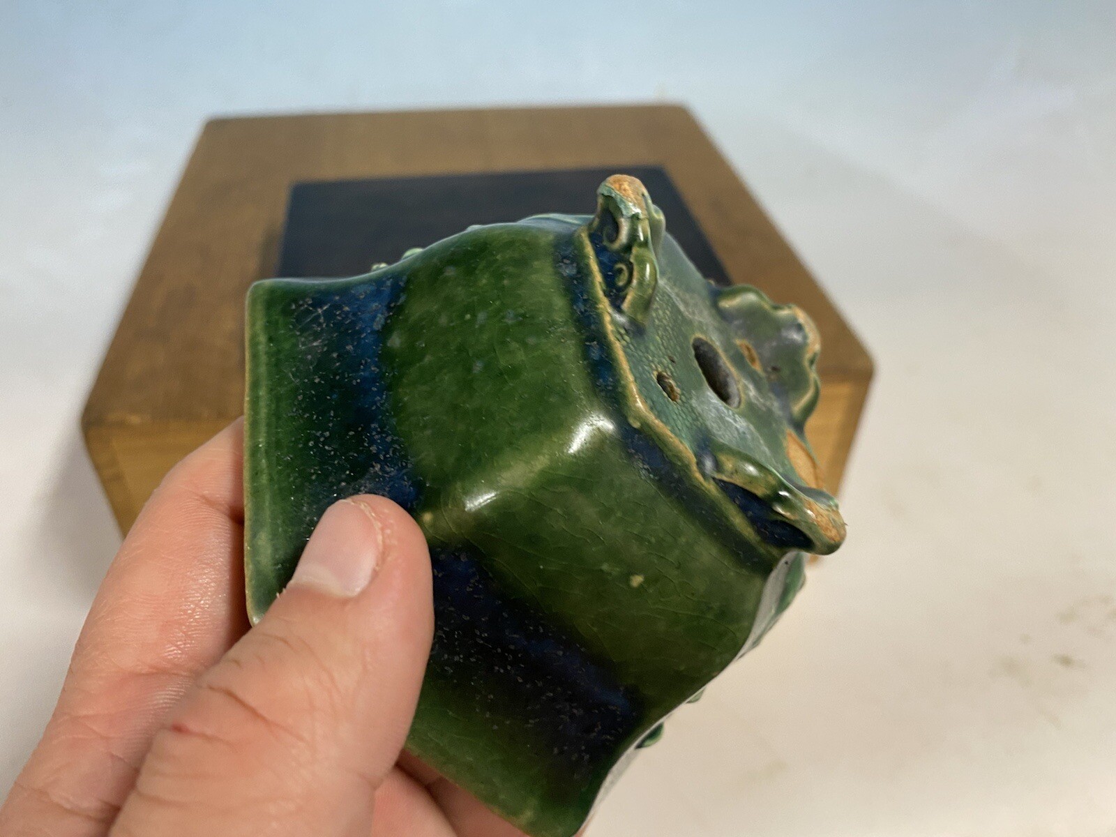 Beautiful Green And Blue Glazed Shohin Size Bonsai Tree Pot Heian Kosen 4 1/2”