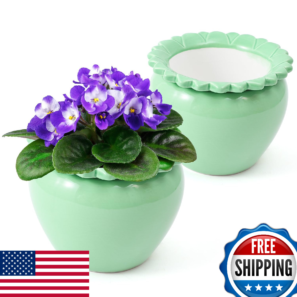 2pcs African Violet Planter Pot 6.5in Self Watering Green Ceramic Reservoir
