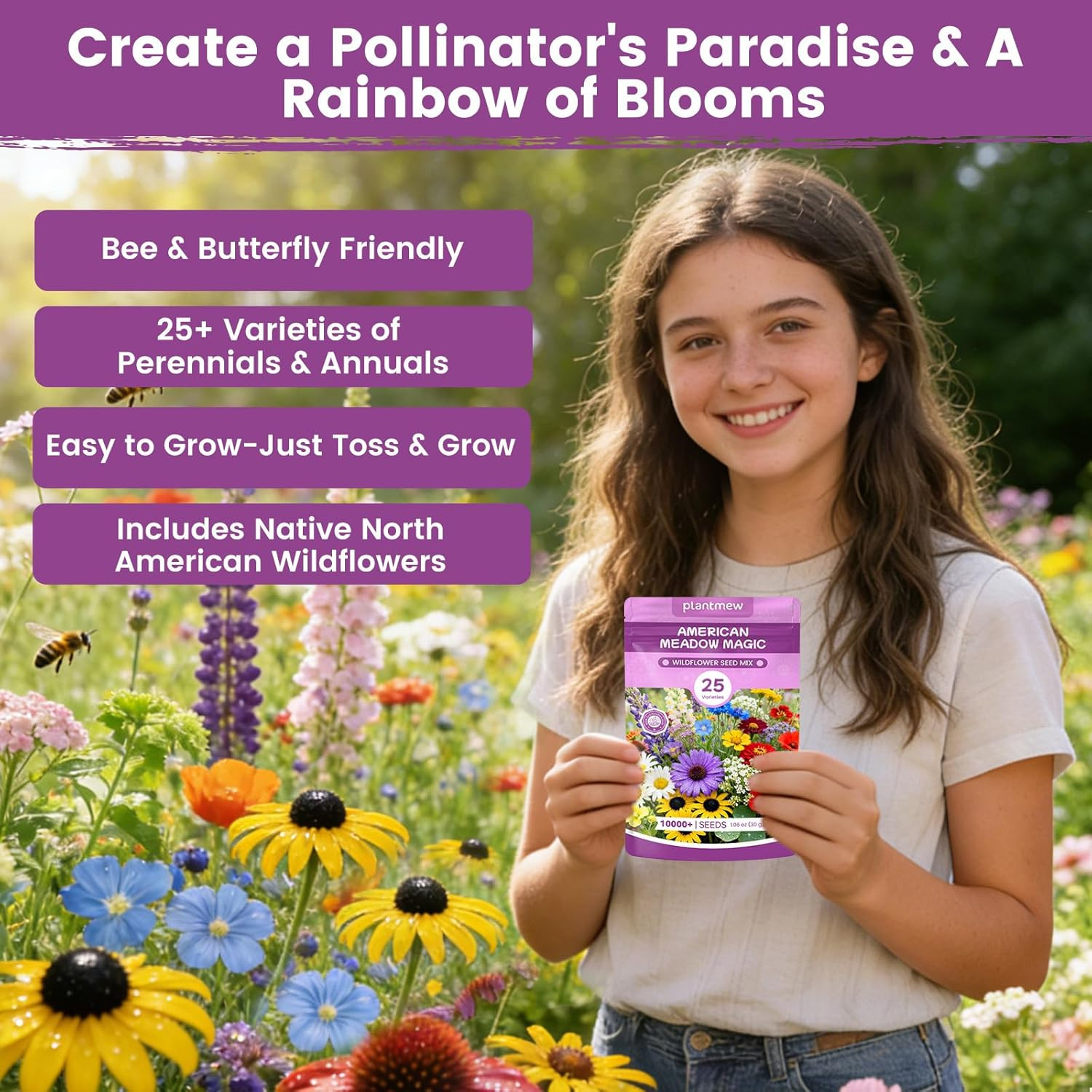 Wildflower Seeds Bulk Mix – 10,000+ Perennial & Annual Seeds – Texas, California