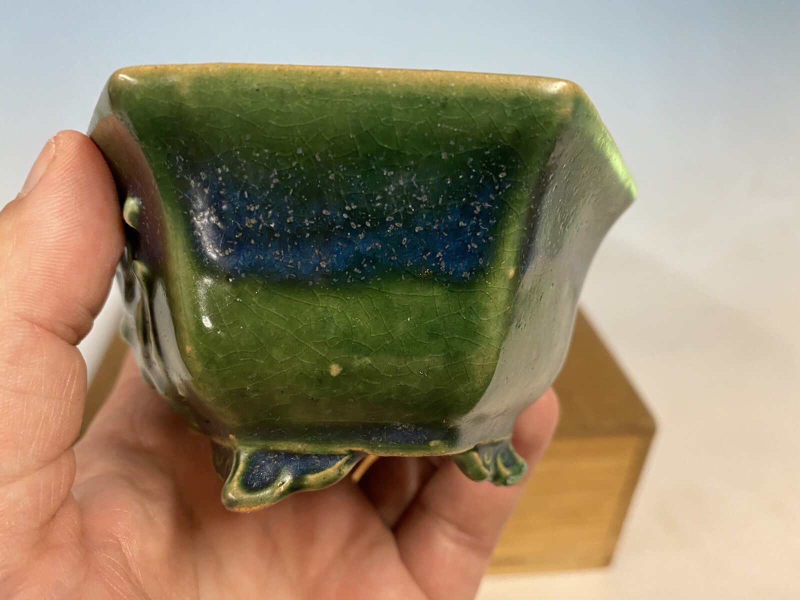 Beautiful Green And Blue Glazed Shohin Size Bonsai Tree Pot Heian Kosen 4 1/2”