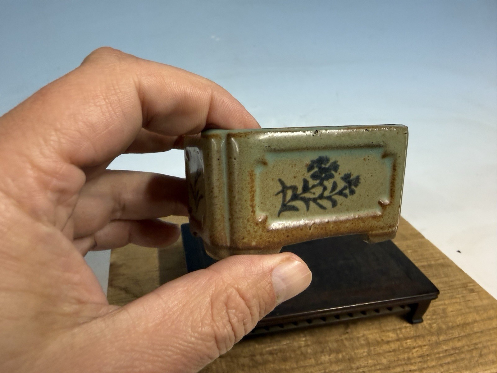 Japanese Unknown Maker Shohin Bonsai Tree Pot 3” Glazed With Motif #1