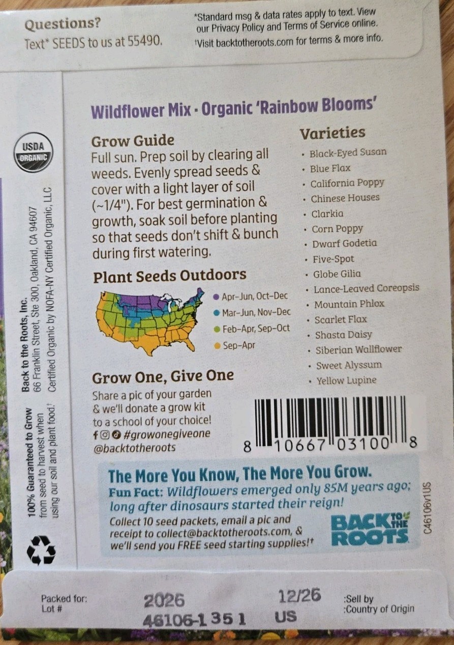 Back to the Roots 100% Organic Seeds Wildflower Rainbow Blooms Mix 250mg 2026