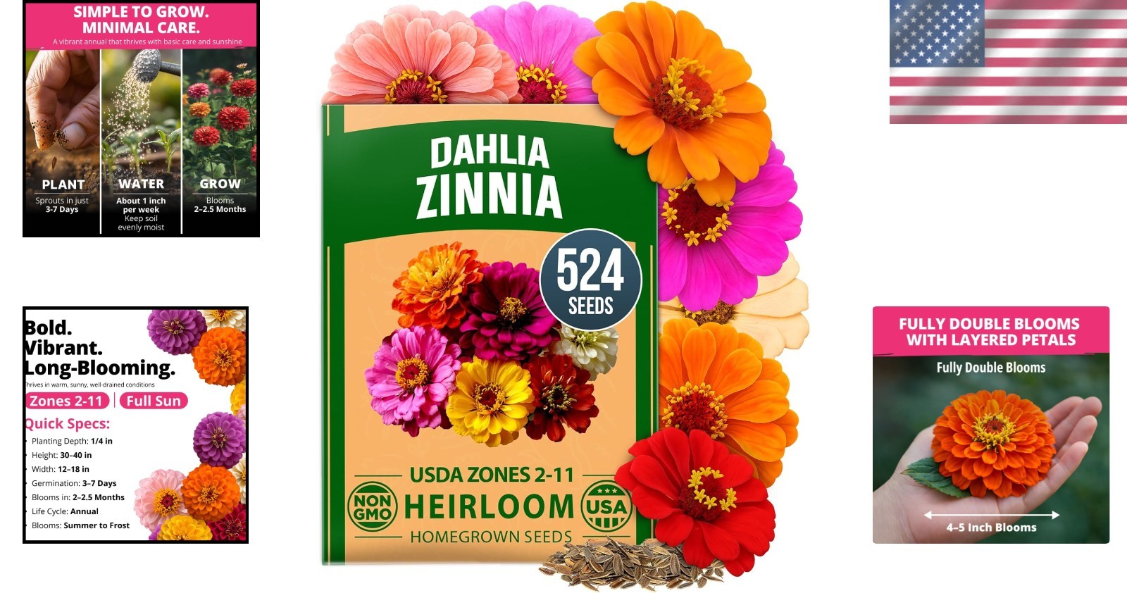 Easy-to-Grow Zinnia Dahlia Seeds – 524 Blooms for Spring to Fall Colors!